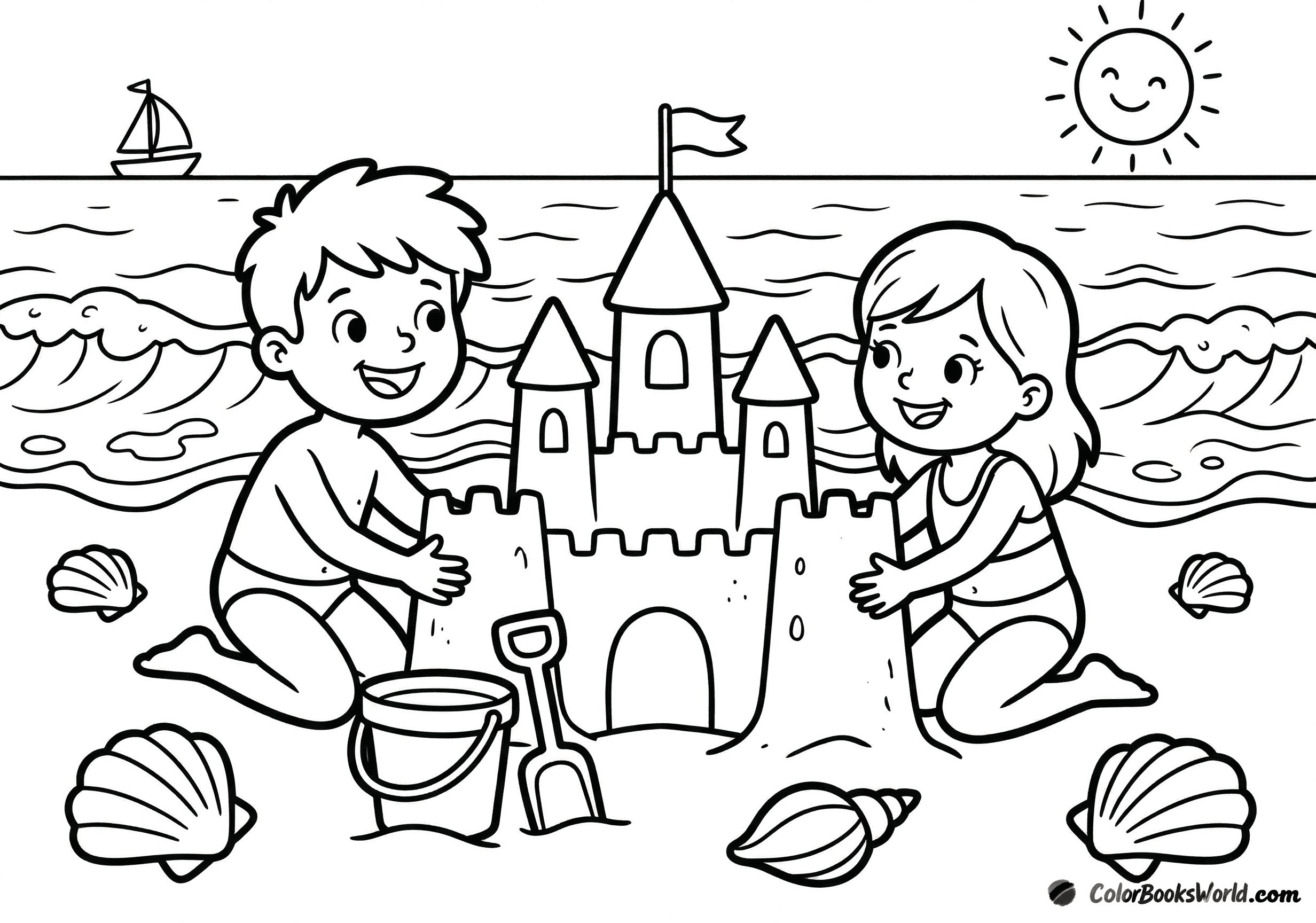 Two children build a large sandcastle on a sunny beach, with waves and a sailboat in the background.