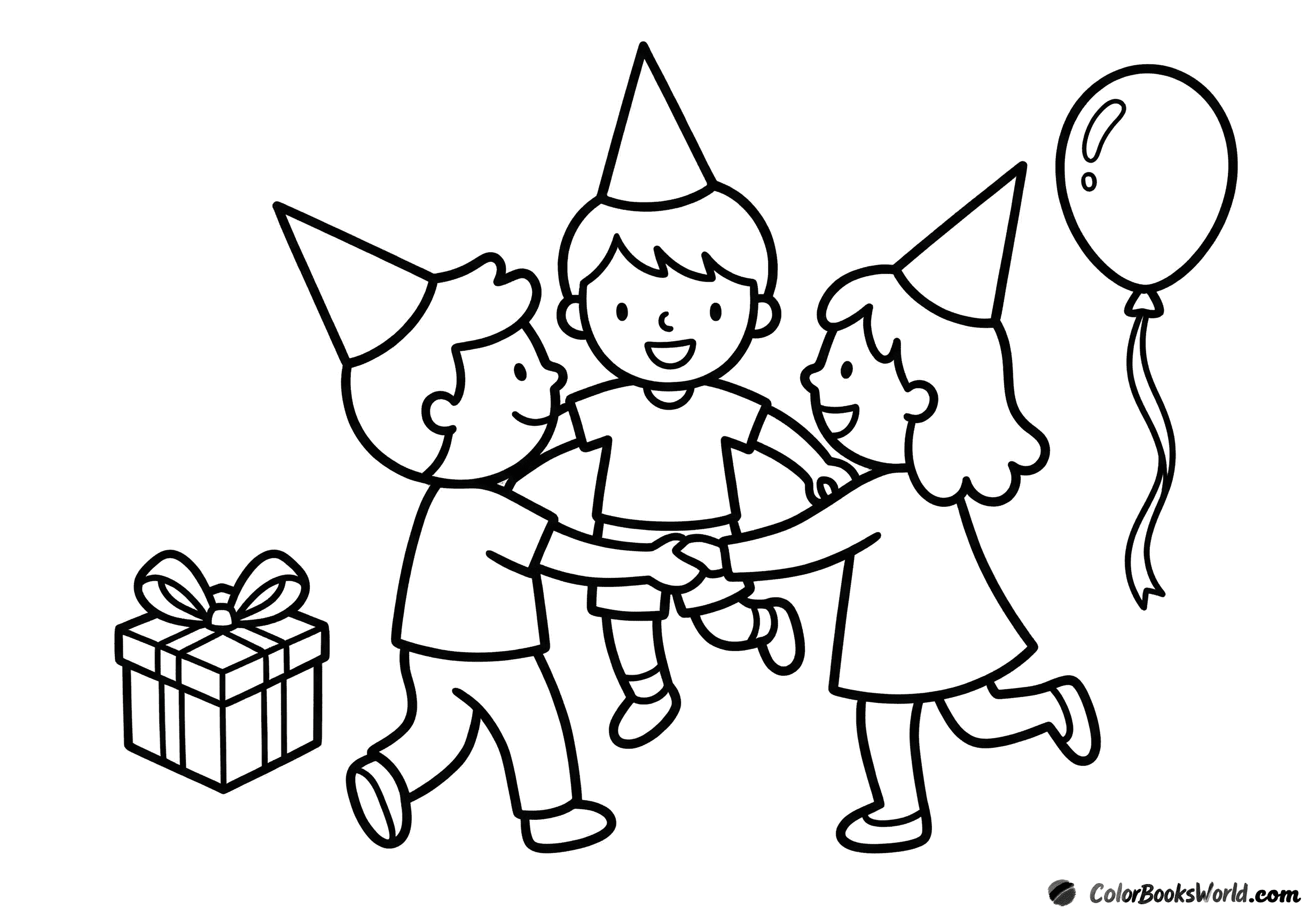 Three children in party hats dance in a circle beside a wrapped gift and a balloon.