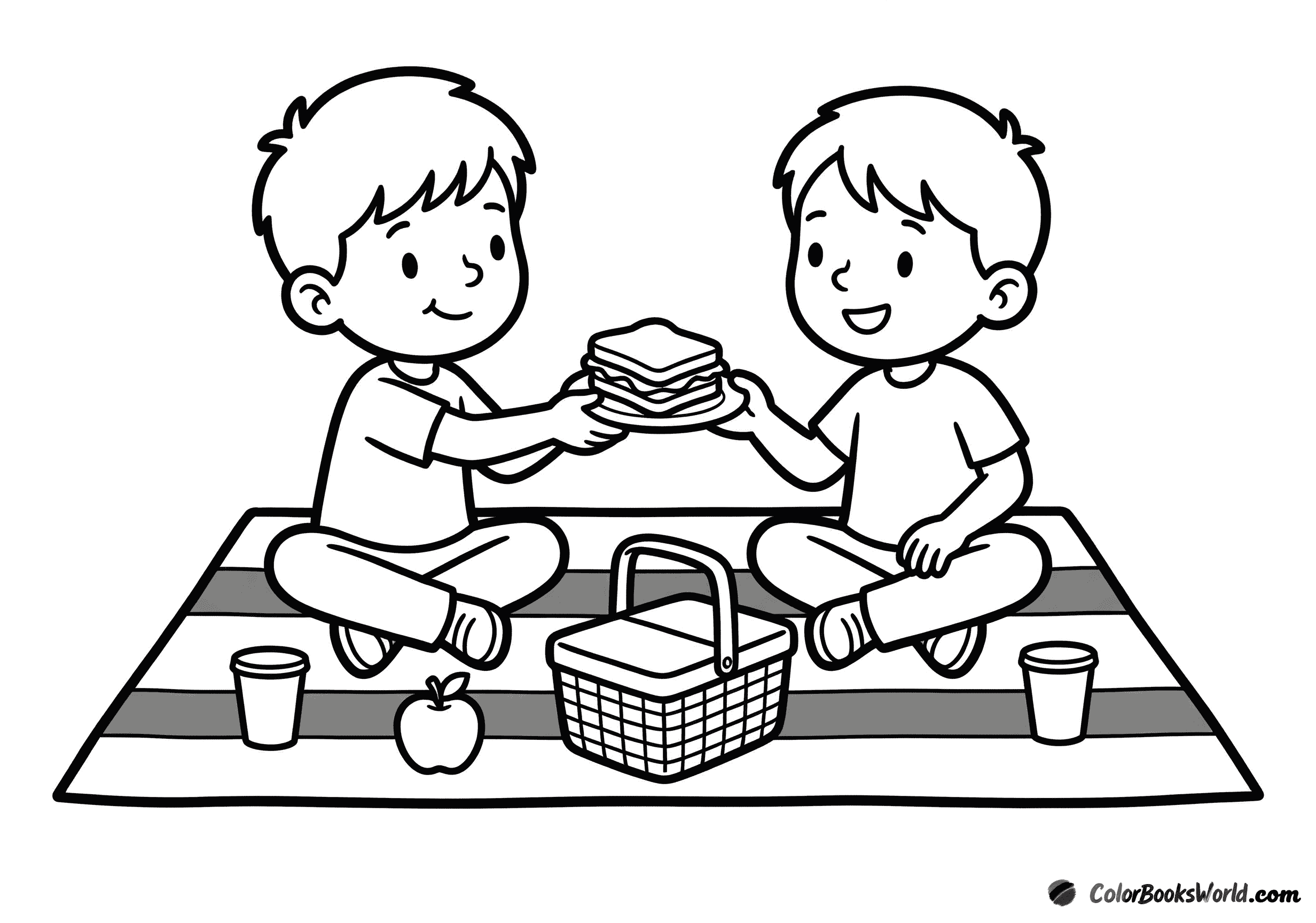 Two children sit on a picnic blanket, sharing a sandwich and an apple from a wicker basket.