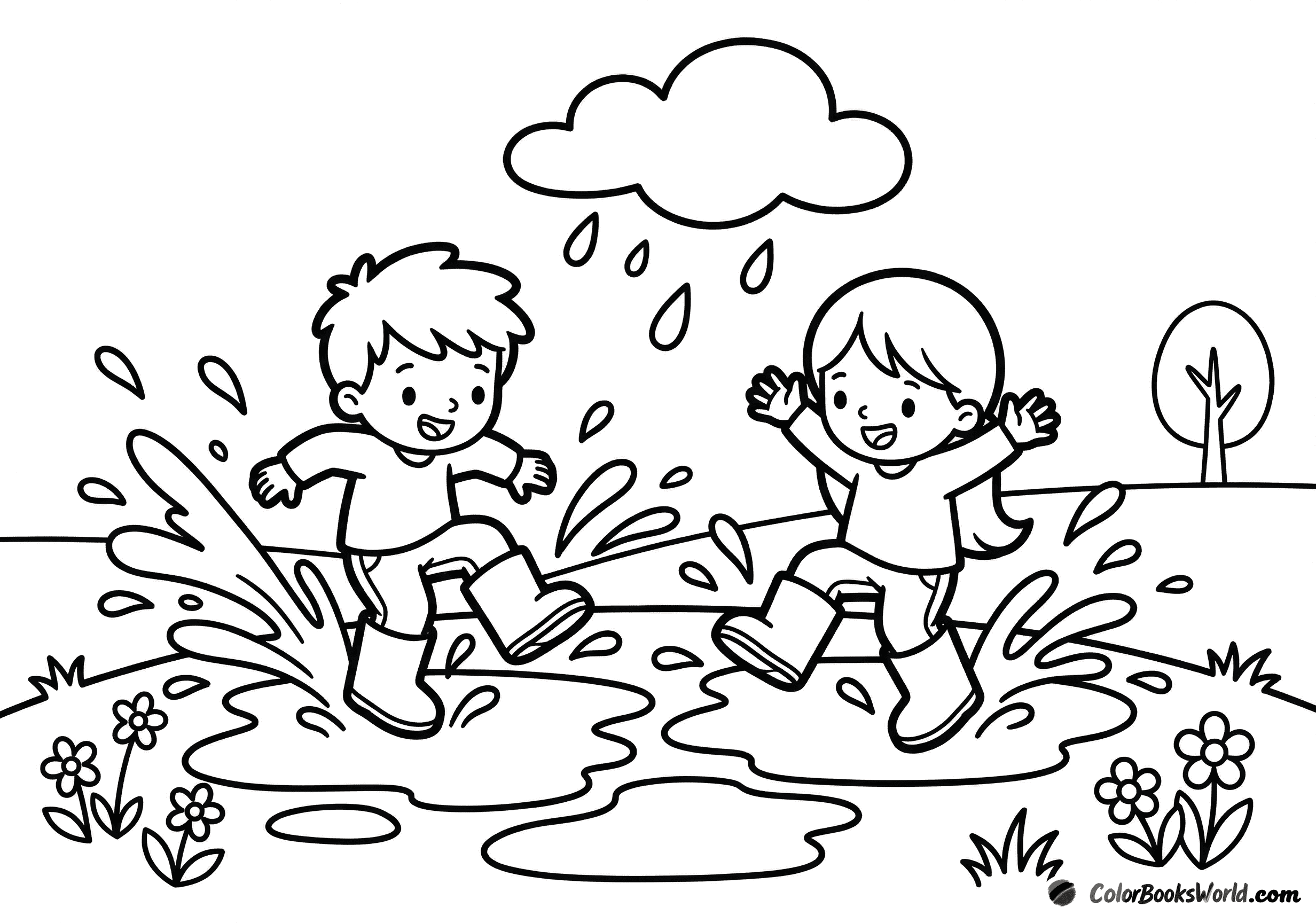 Two happy children in rain boots splash in big puddles beneath a rain cloud.