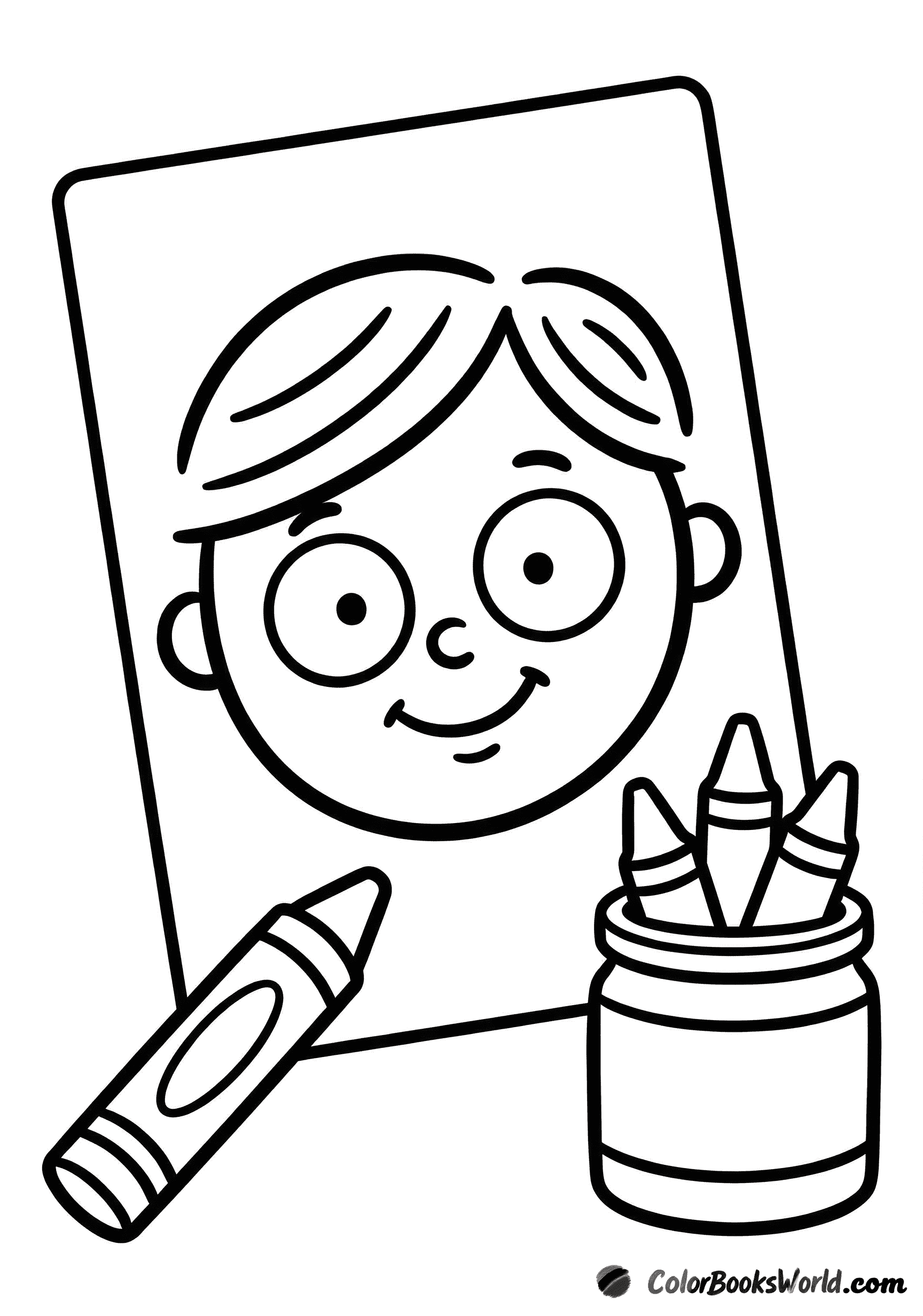 A childlike drawing of a smiling face on paper with a loose crayon and a jar of crayons nearby.