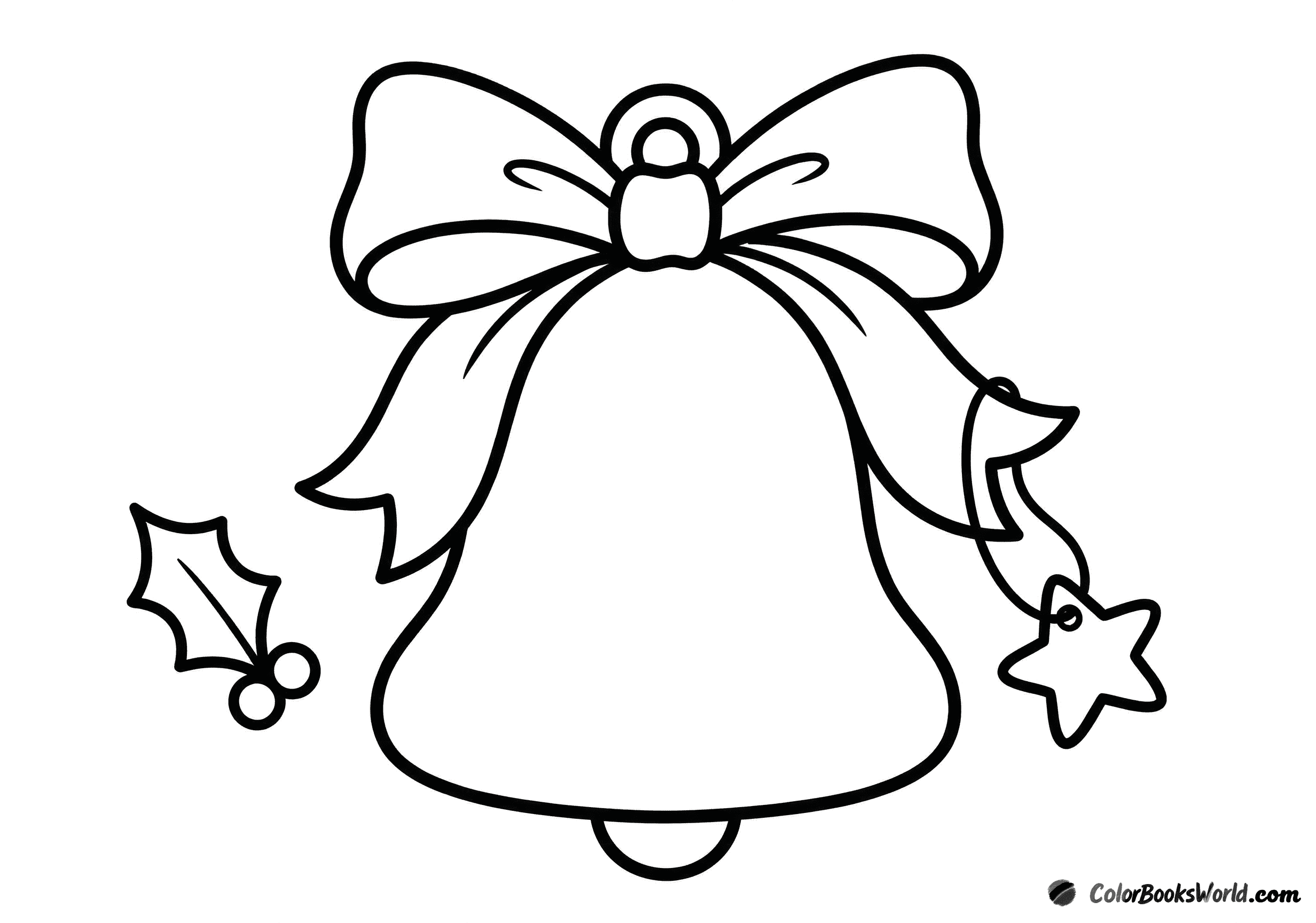 A Christmas bell with a flowing ribbon, a holly leaf, and a star-shaped tag.