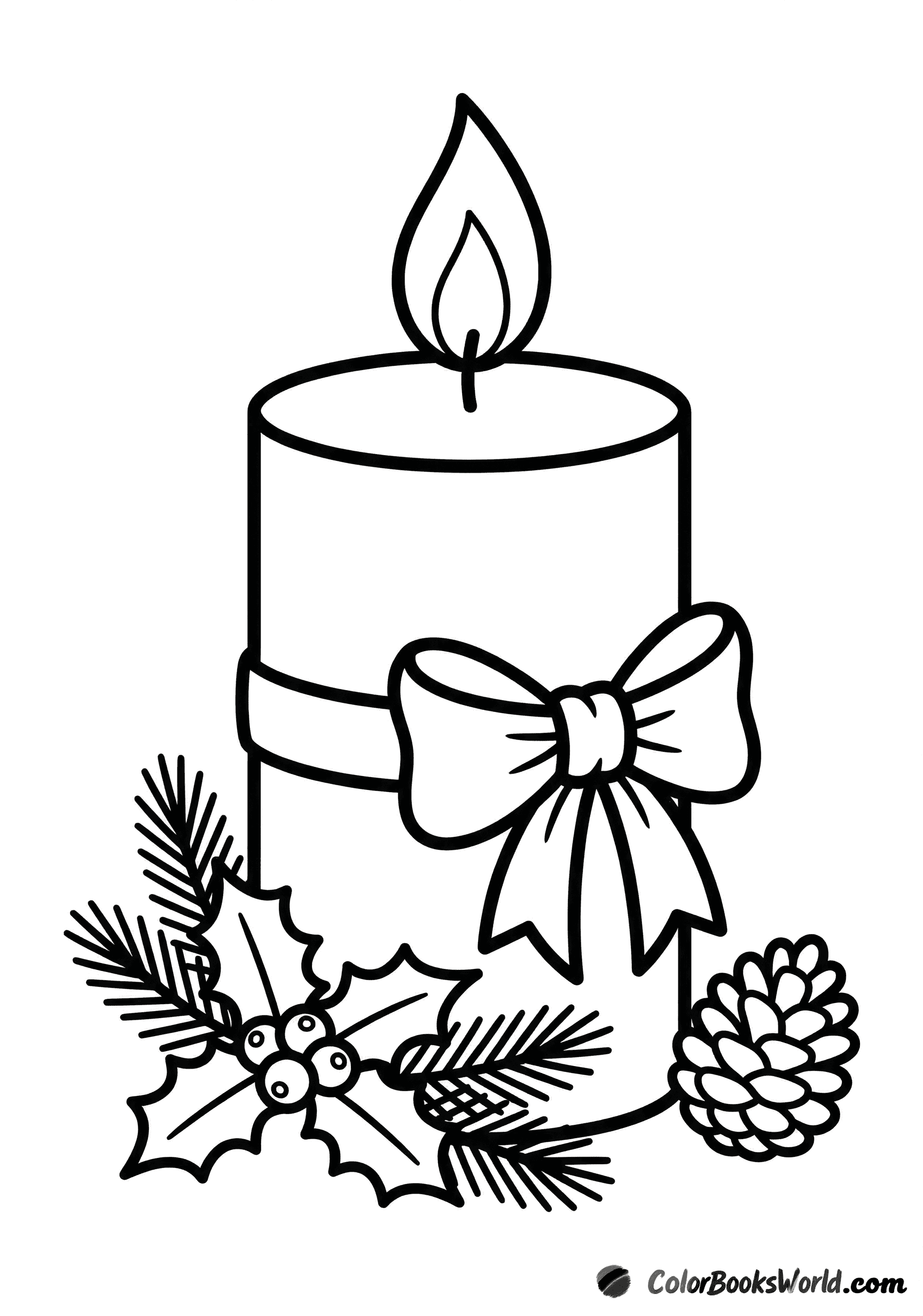 A thick Christmas candle with a flame, ribbon, and a base of holly leaves and a pinecone.