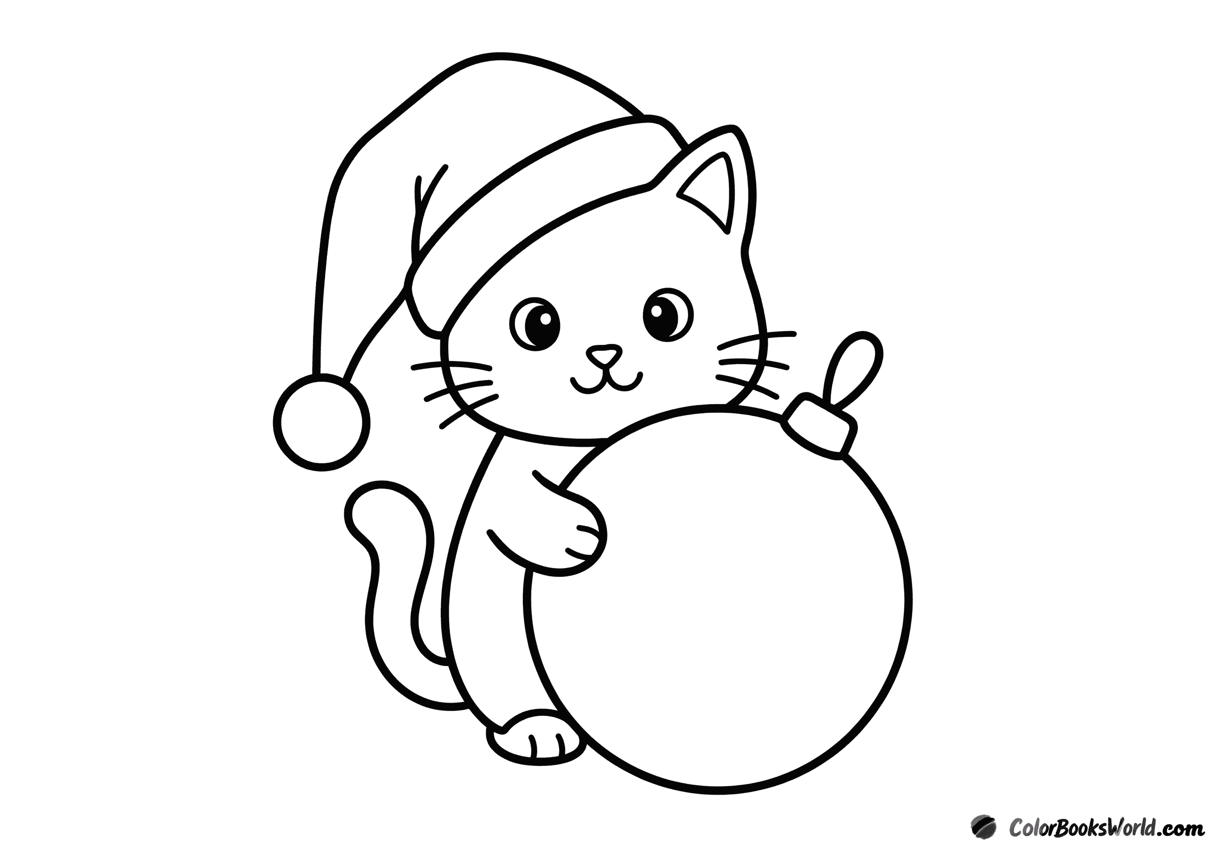 A cute cat in a Santa hat holding a large Christmas ornament.