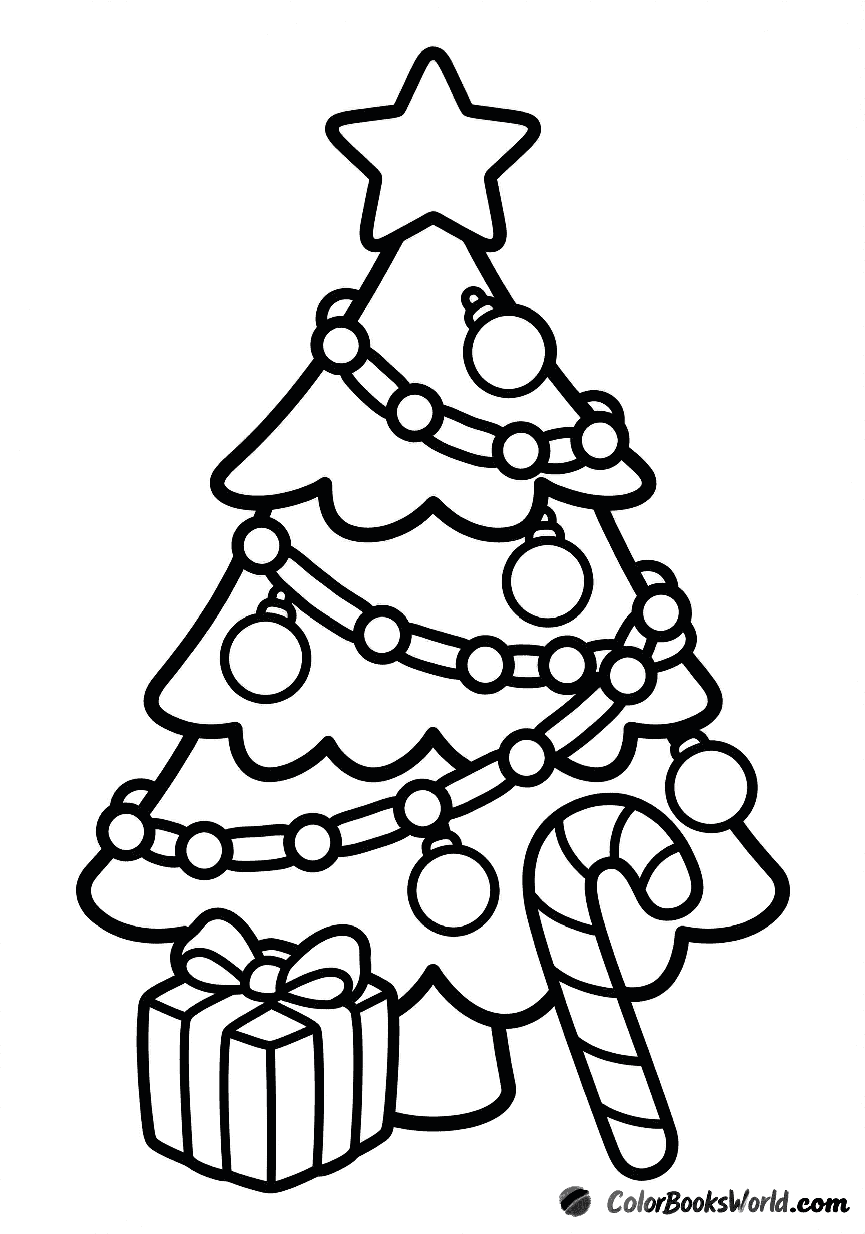 Stylized Christmas tree with a star topper, ornaments, a wrapped gift, and a candy cane.