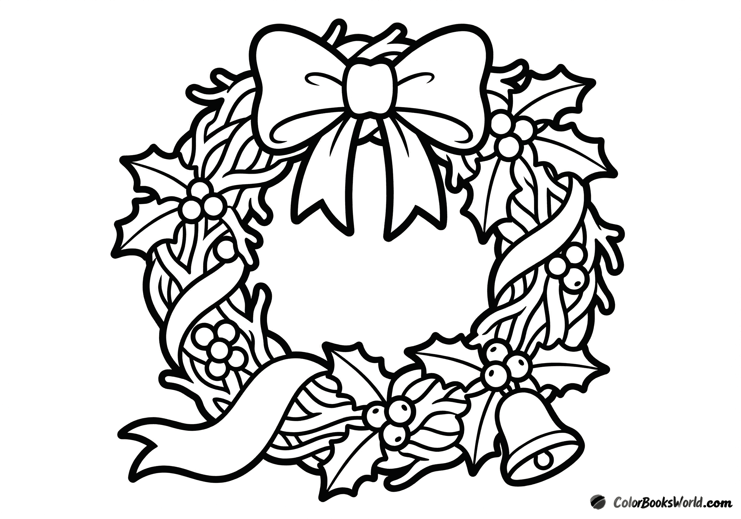 A circular Christmas wreath with a large bow, holly leaves and berries, and a small bell.