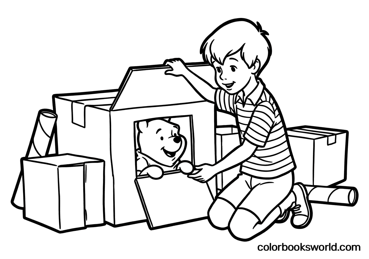 Christopher Robin builds a small cardboard house as Winnie the Pooh peeks from a window, with boxes and tubes nearby.