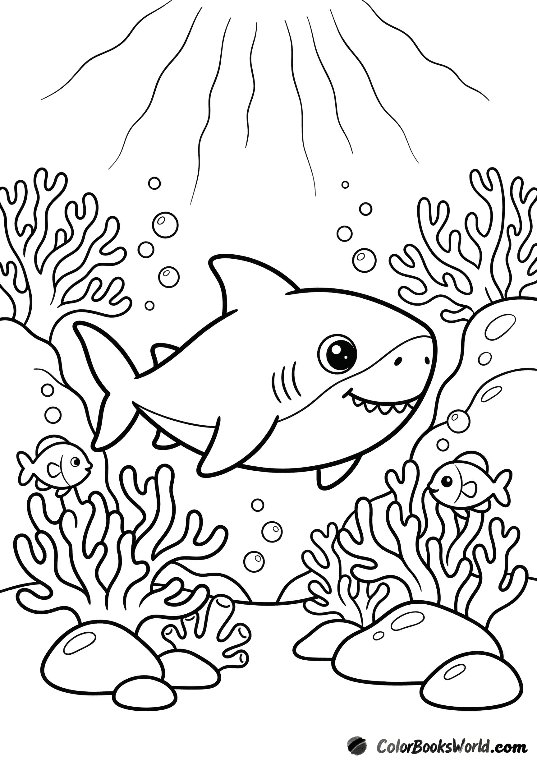 A friendly chubby reef shark floats among corals as small fish peek out nearby.