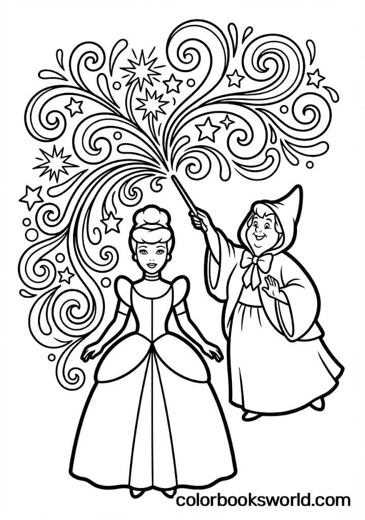 Cinderella stands beside her Fairy Godmother as she waves a magic wand with sparkling stars.