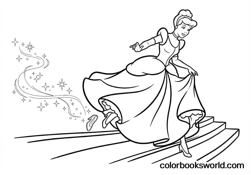 Cinderella runs down a grand staircase as her glass slipper slips off behind her.