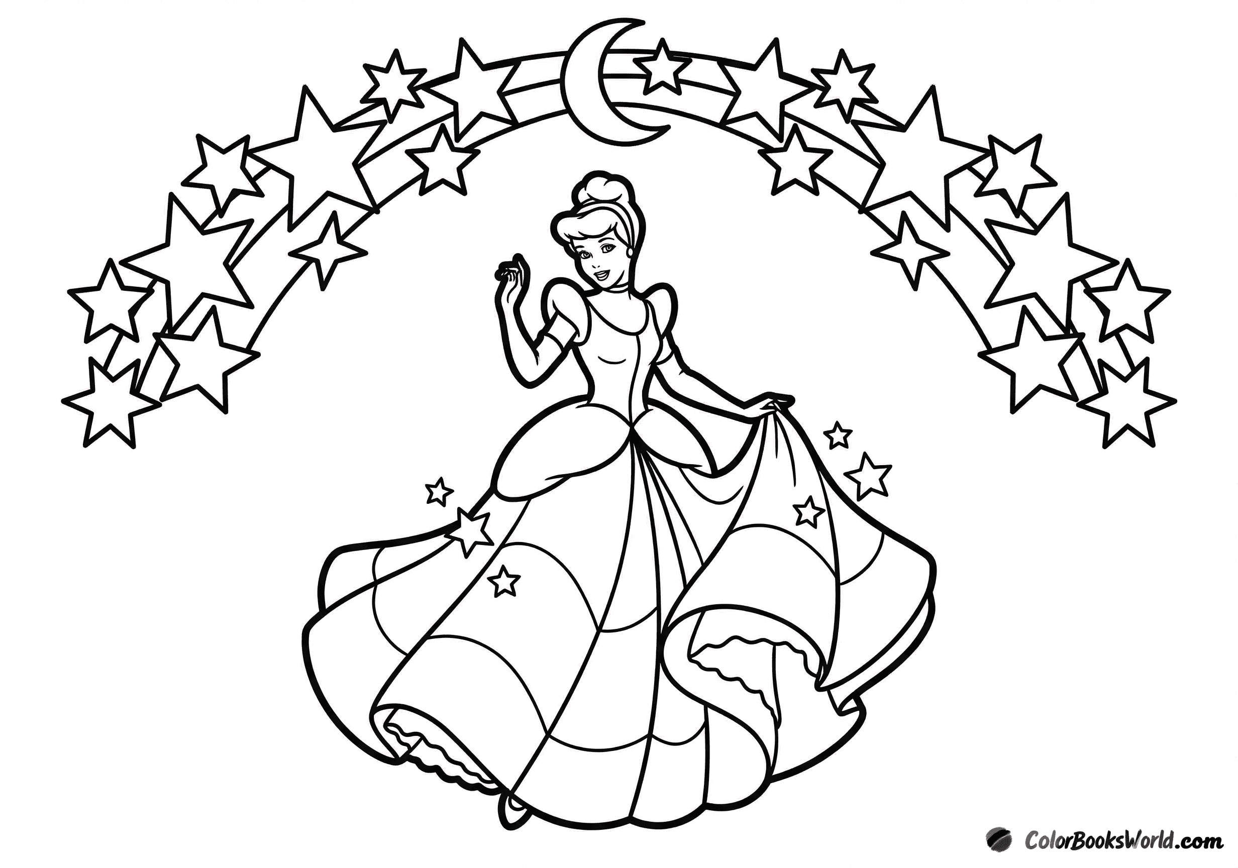 Cinderella twirls in a paneled ball gown beneath an arch of stars and a crescent moon.