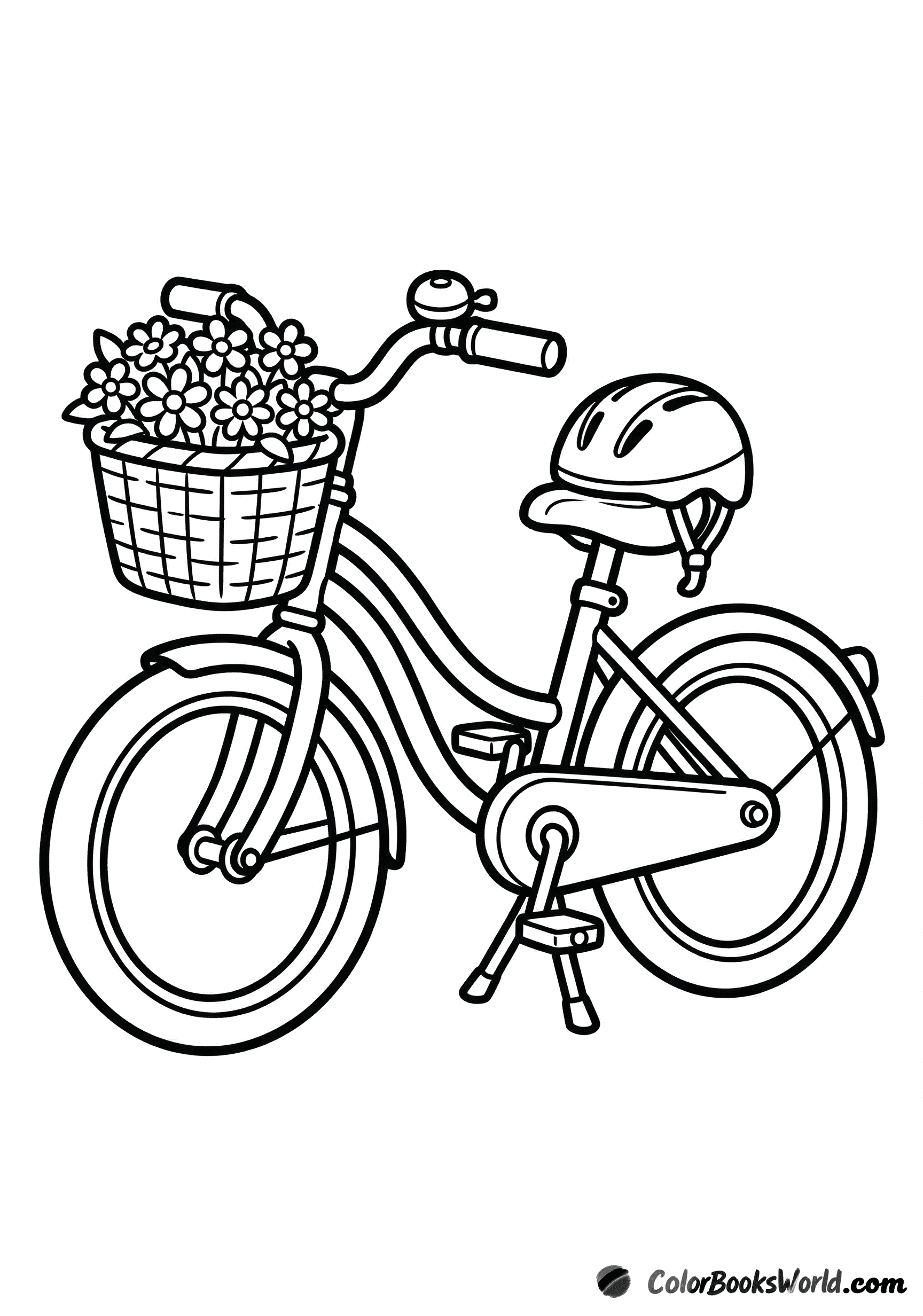 Cartoon city bicycle with a flower basket, handlebar bell, and a helmet resting on the seat.