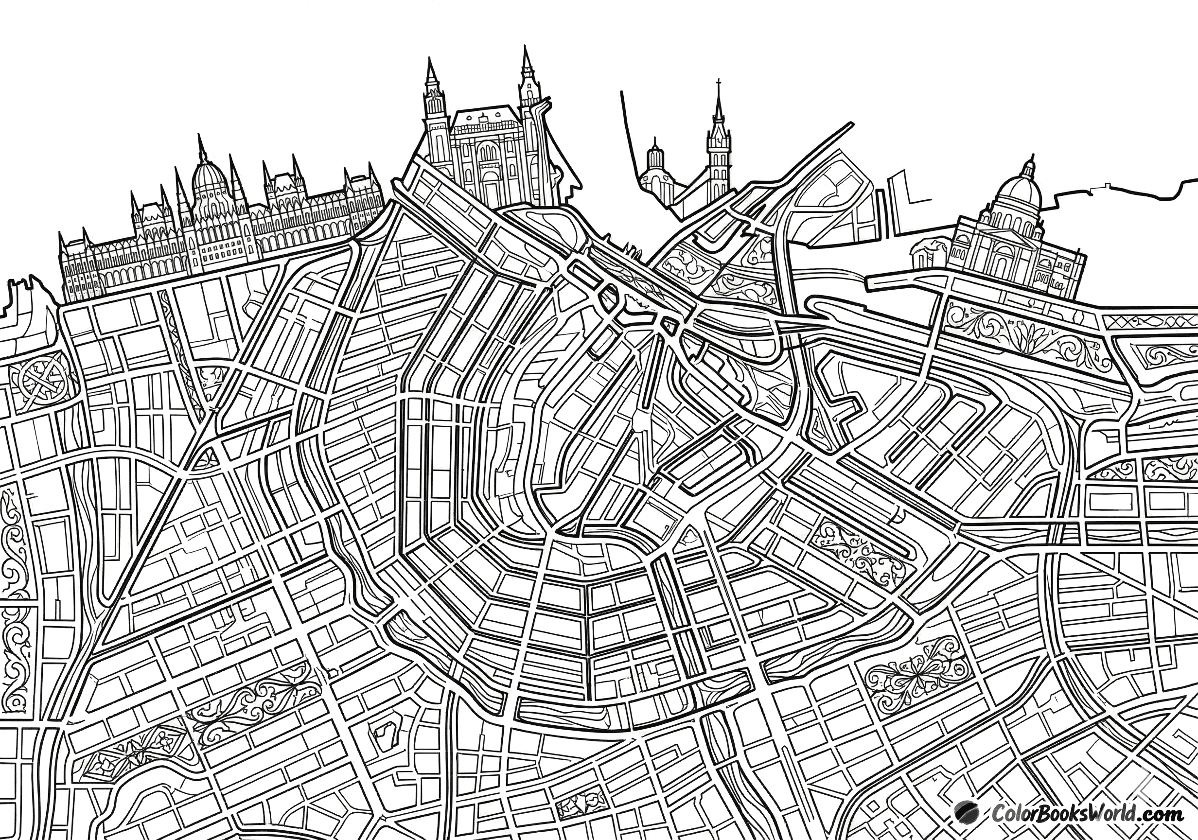 Detailed line art of a city skyline silhouette with an intricate street grid map and canals overlaid.