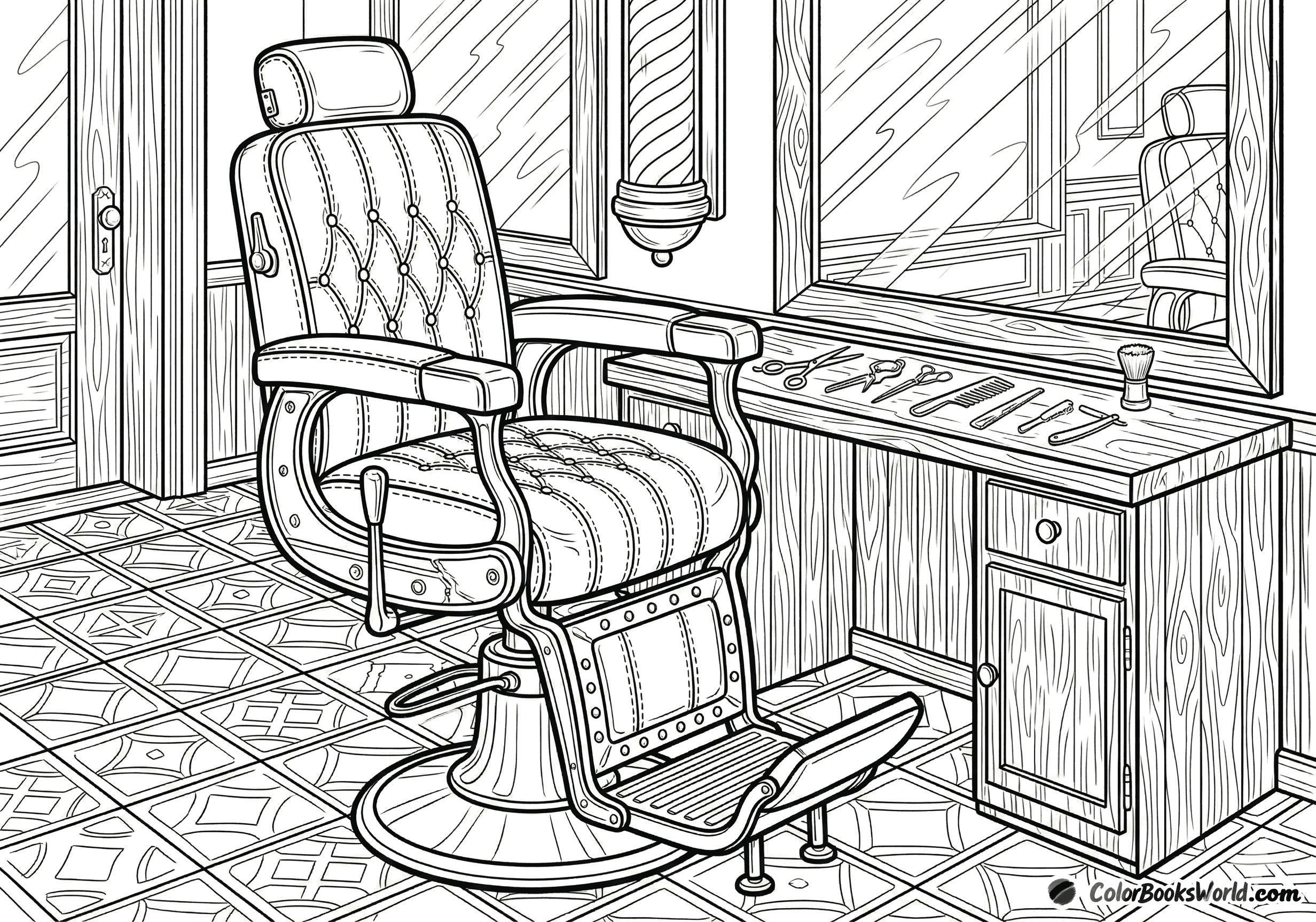 Detailreiche Strichzeichnung eines verzierten Friseurstuhls, Werkzeugen und einer klassischen Barbierstange.