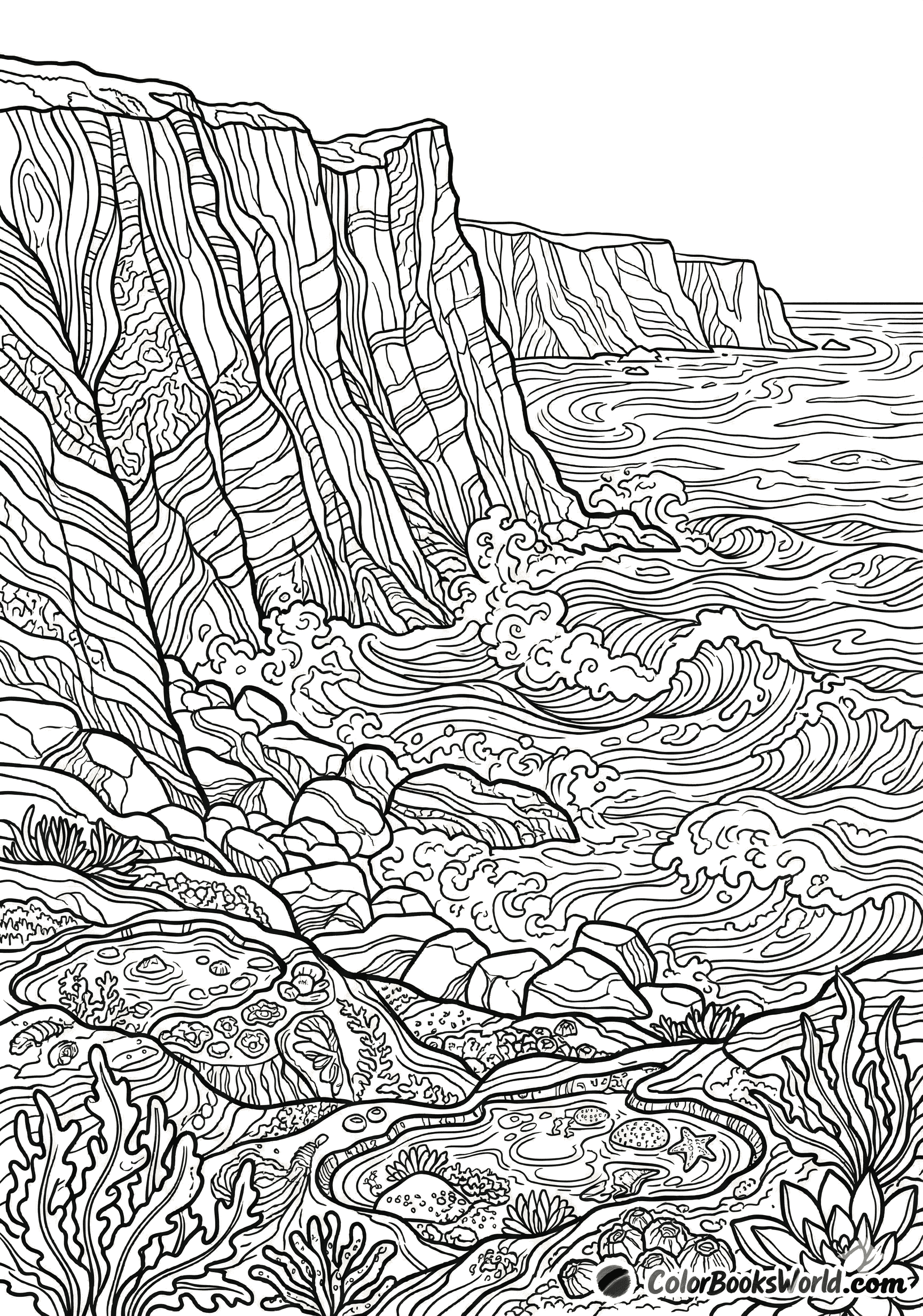 Line art of towering coastal cliffs with crashing waves and tide pools filled with sea life.