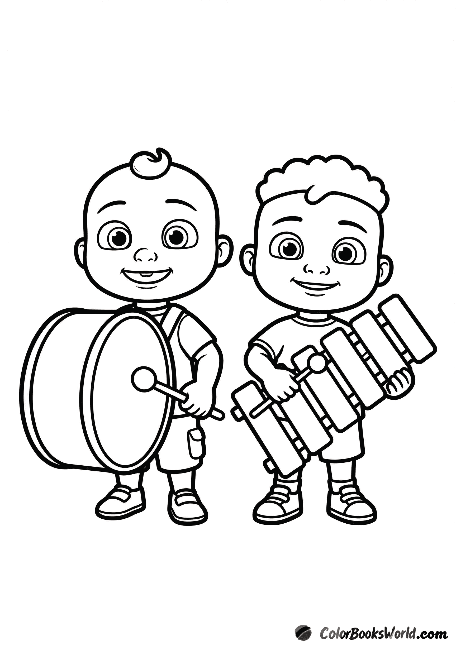JJ and TomTom stand side by side holding a drum and a xylophone.