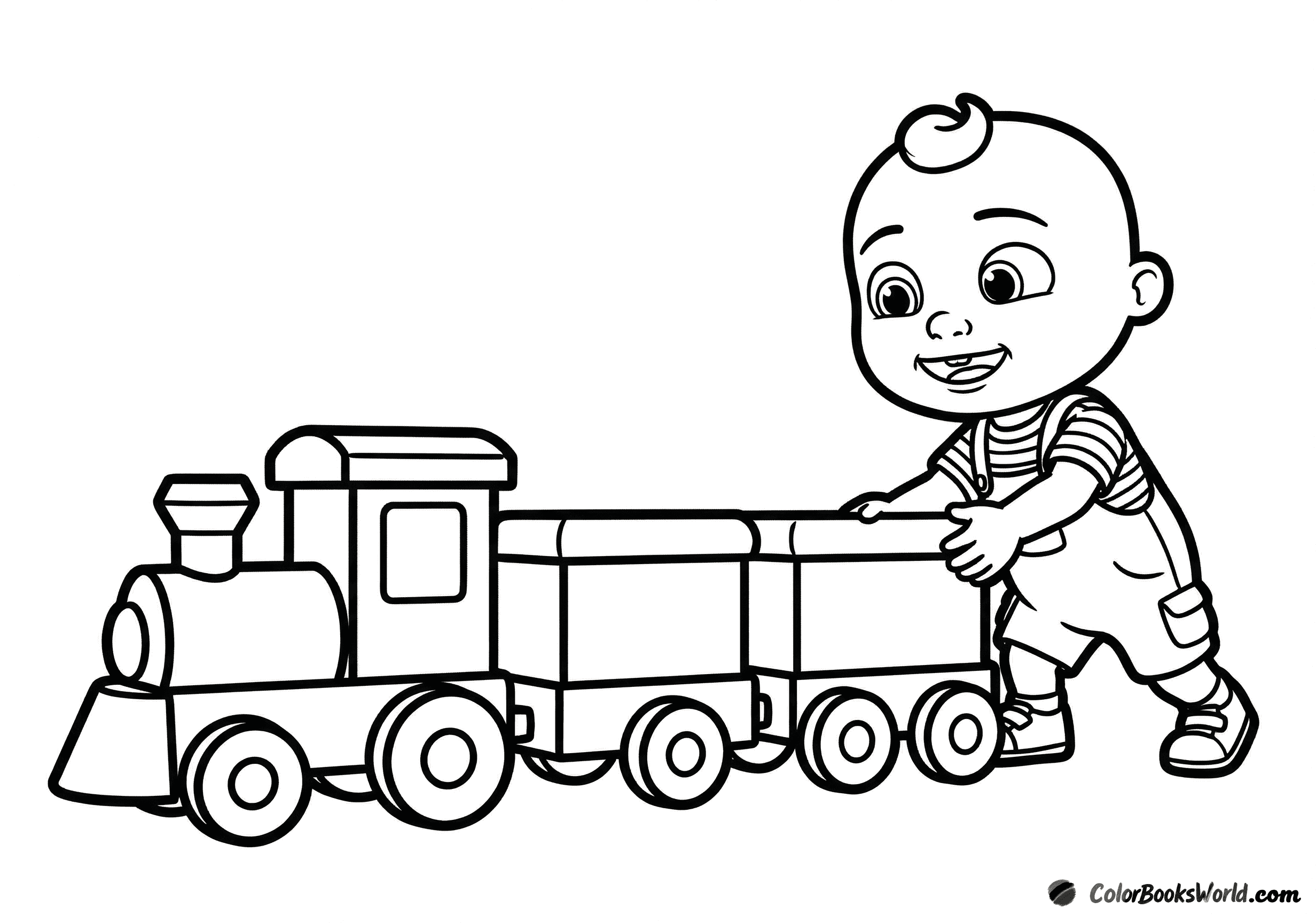 Baby JJ pushes a simple toy train with an engine and two large carriages.