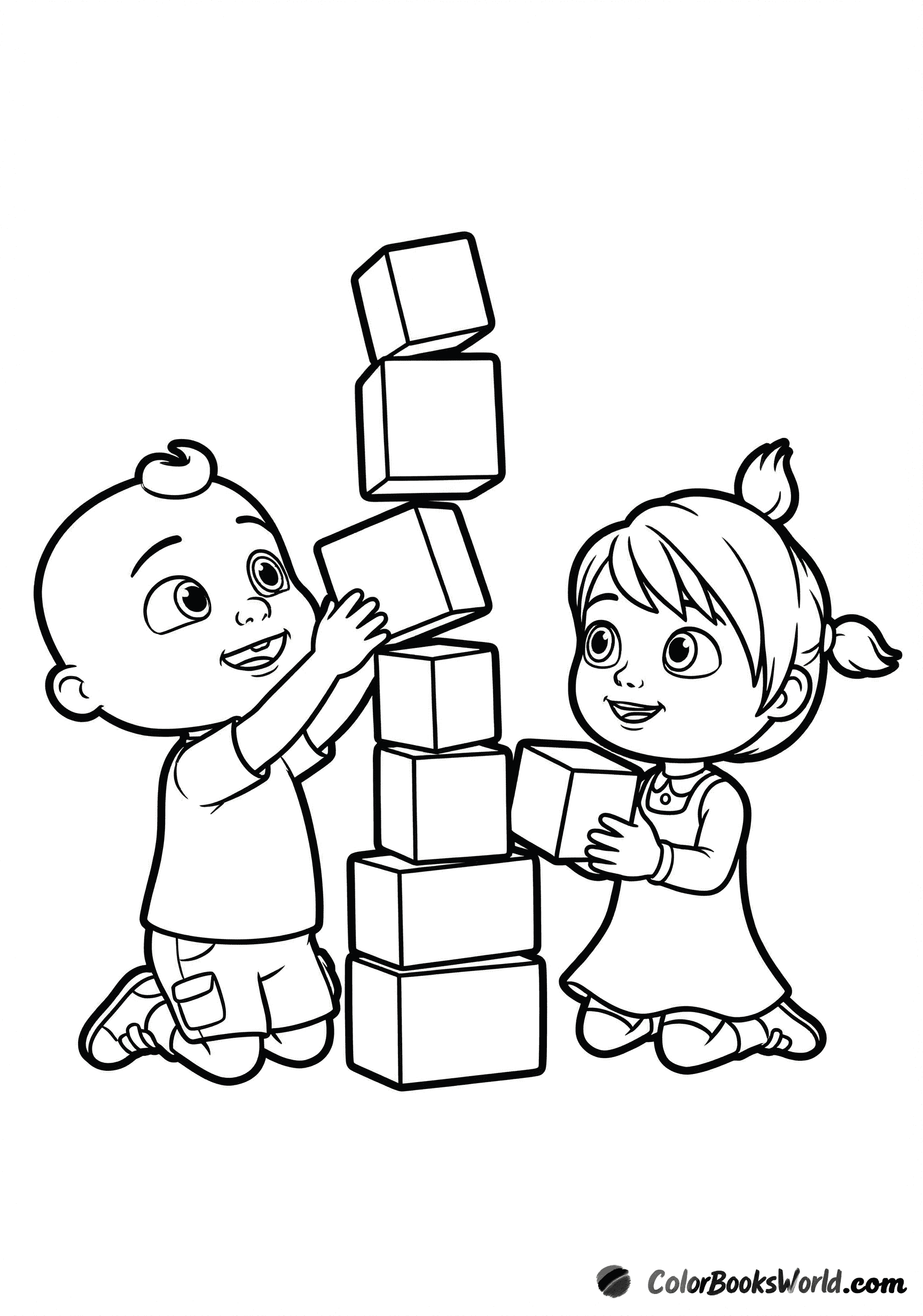JJ and YoYo kneel on the floor, stacking large toy blocks into a tall tower.