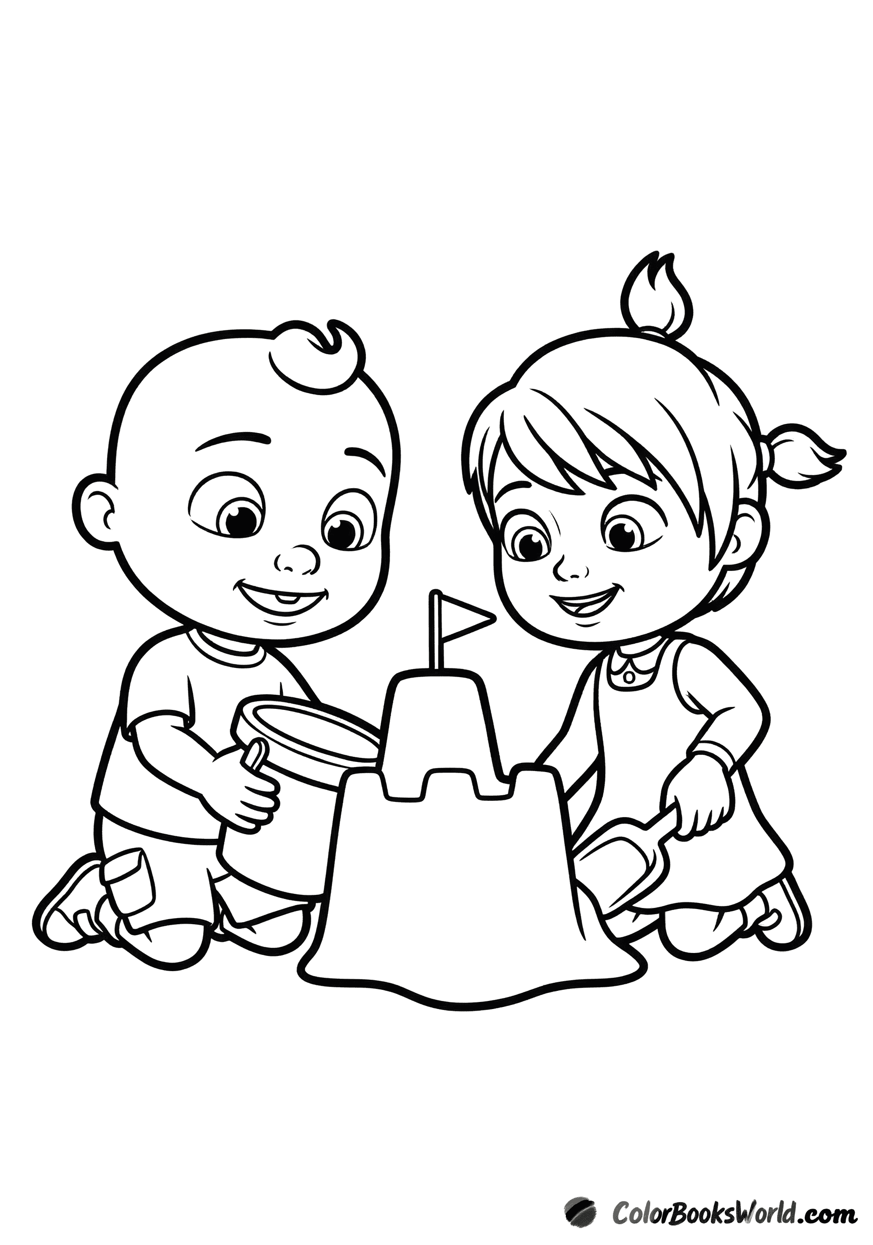 JJ and YoYo kneel in the sand, building a sandcastle with a bucket and shovel.