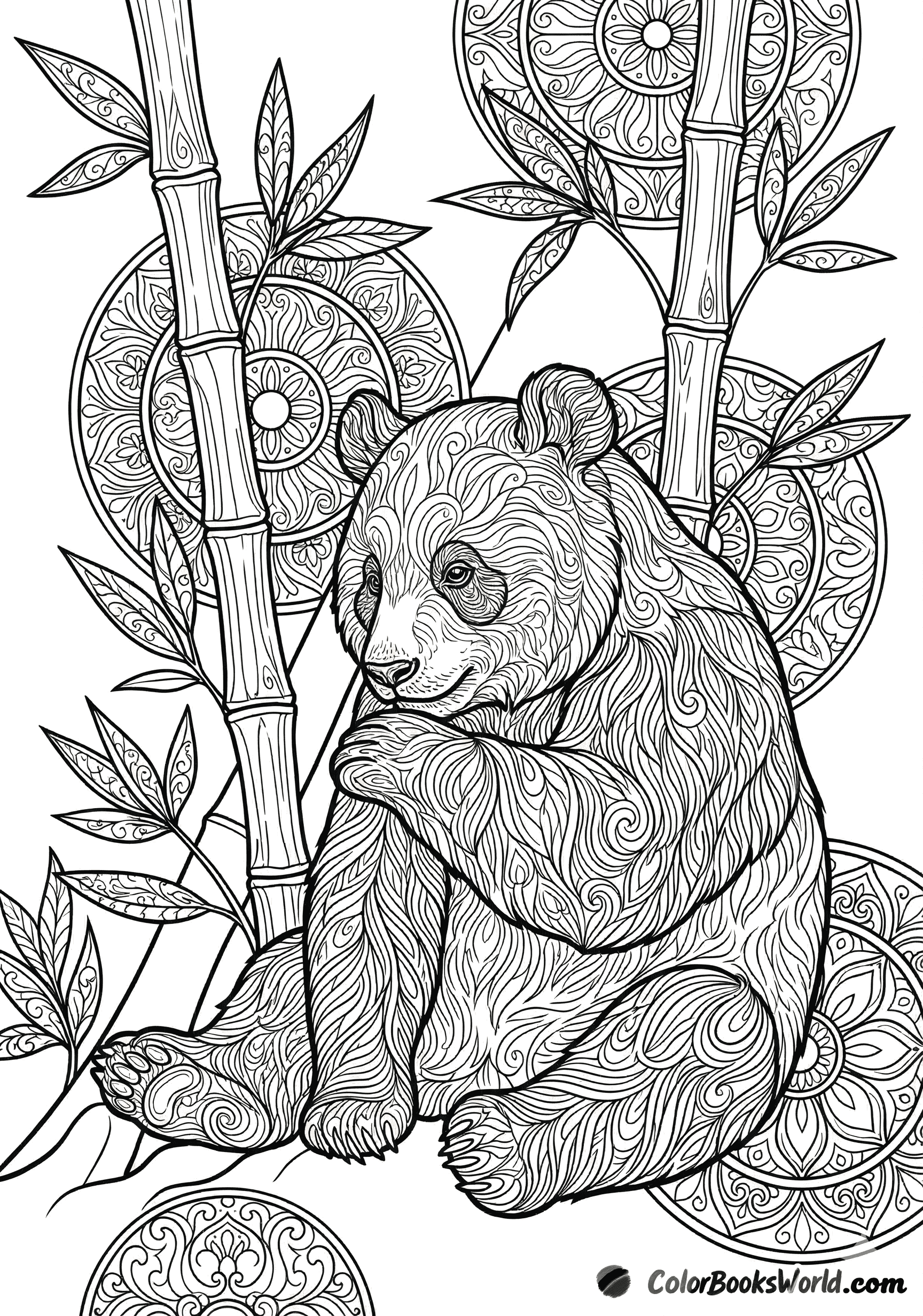 A detailed panda sitting among bamboo stalks with circular zen mandala patterns in the background.
