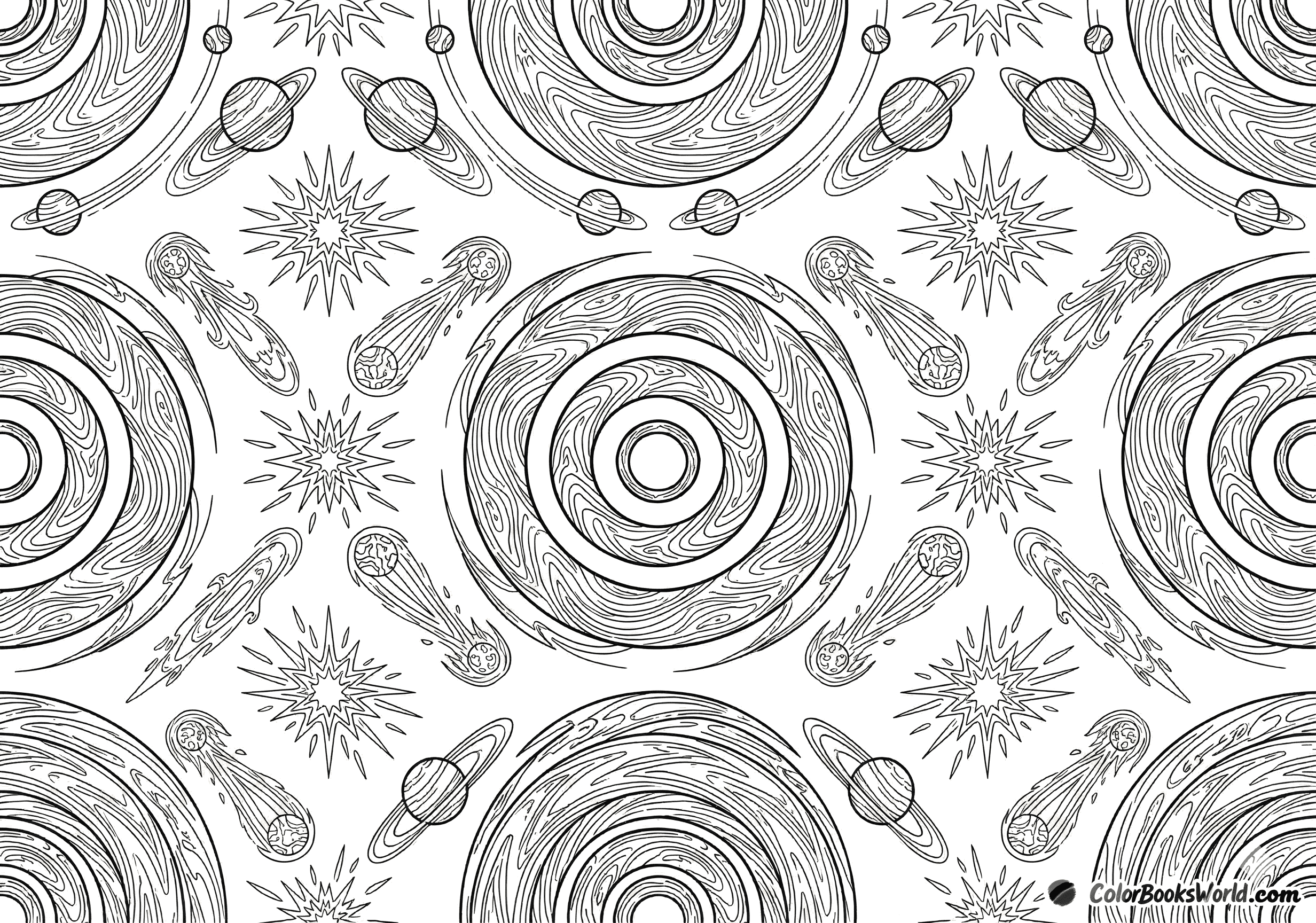 Symmetrical line art of planets, starbursts, and comets arranged in a cosmic kaleidoscope pattern.