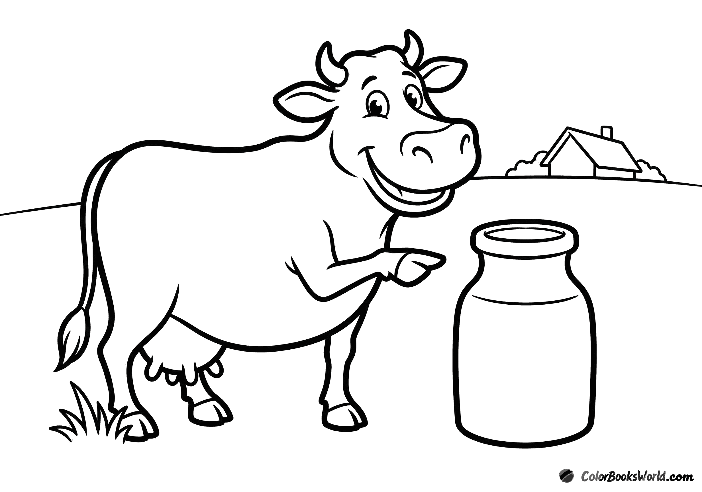 A smiling cartoon cow stands beside a large milk jug, with a simple farmhouse roof and grass behind.