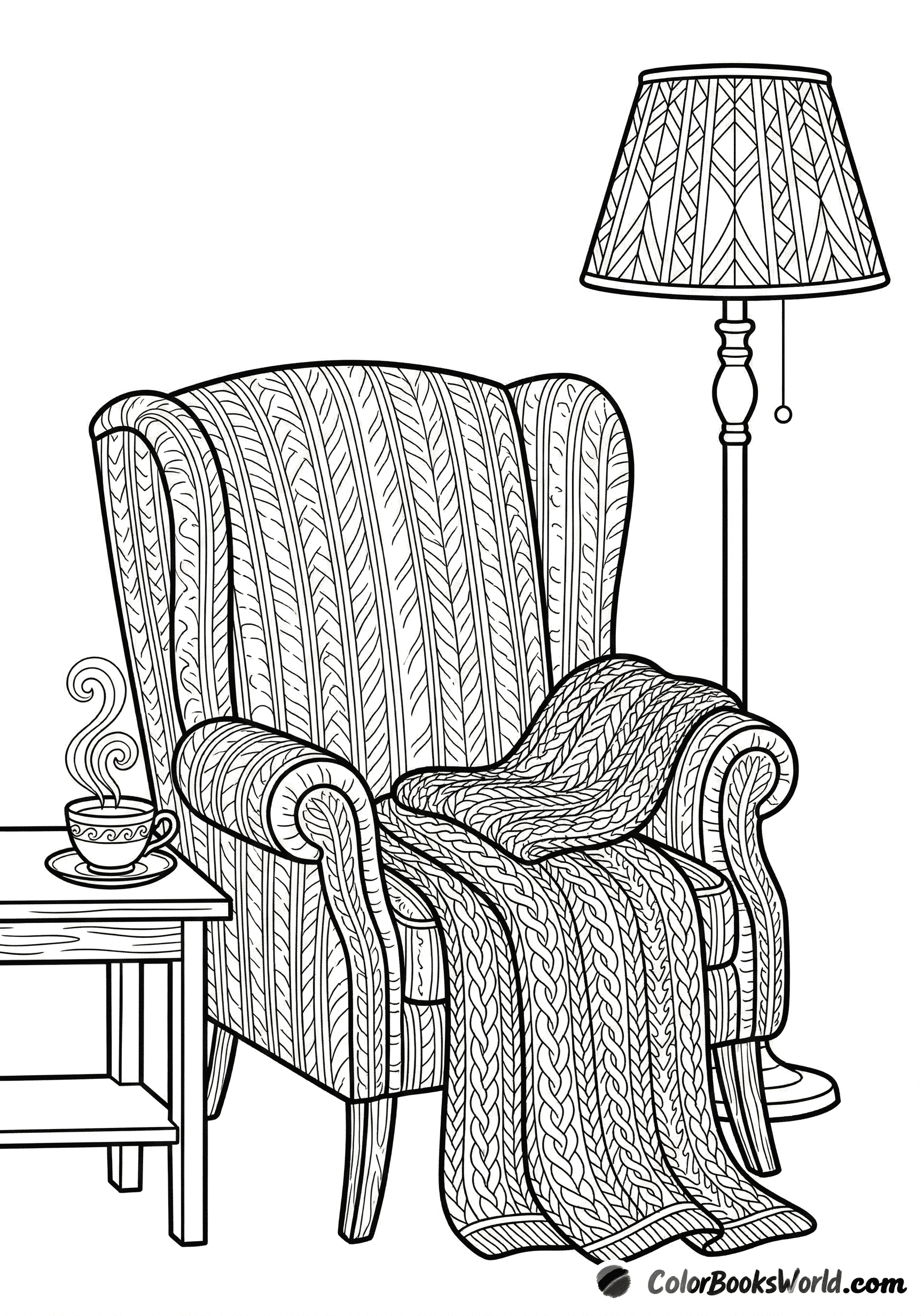 A patterned armchair with a knit blanket, a side table with a steaming teacup, and a decorative floor lamp.
