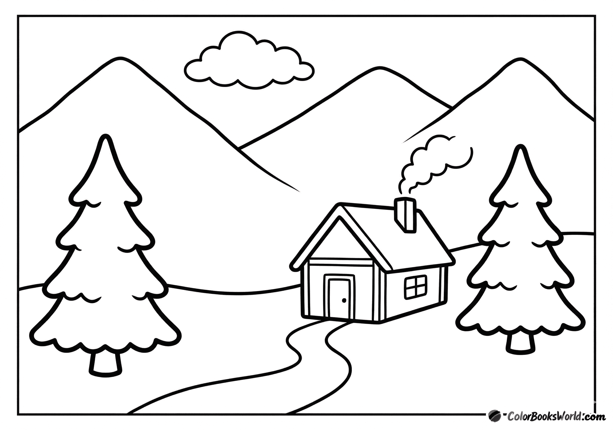 Simple mountain cabin with a chimney, winding path, two pine trees, and distant peaks.