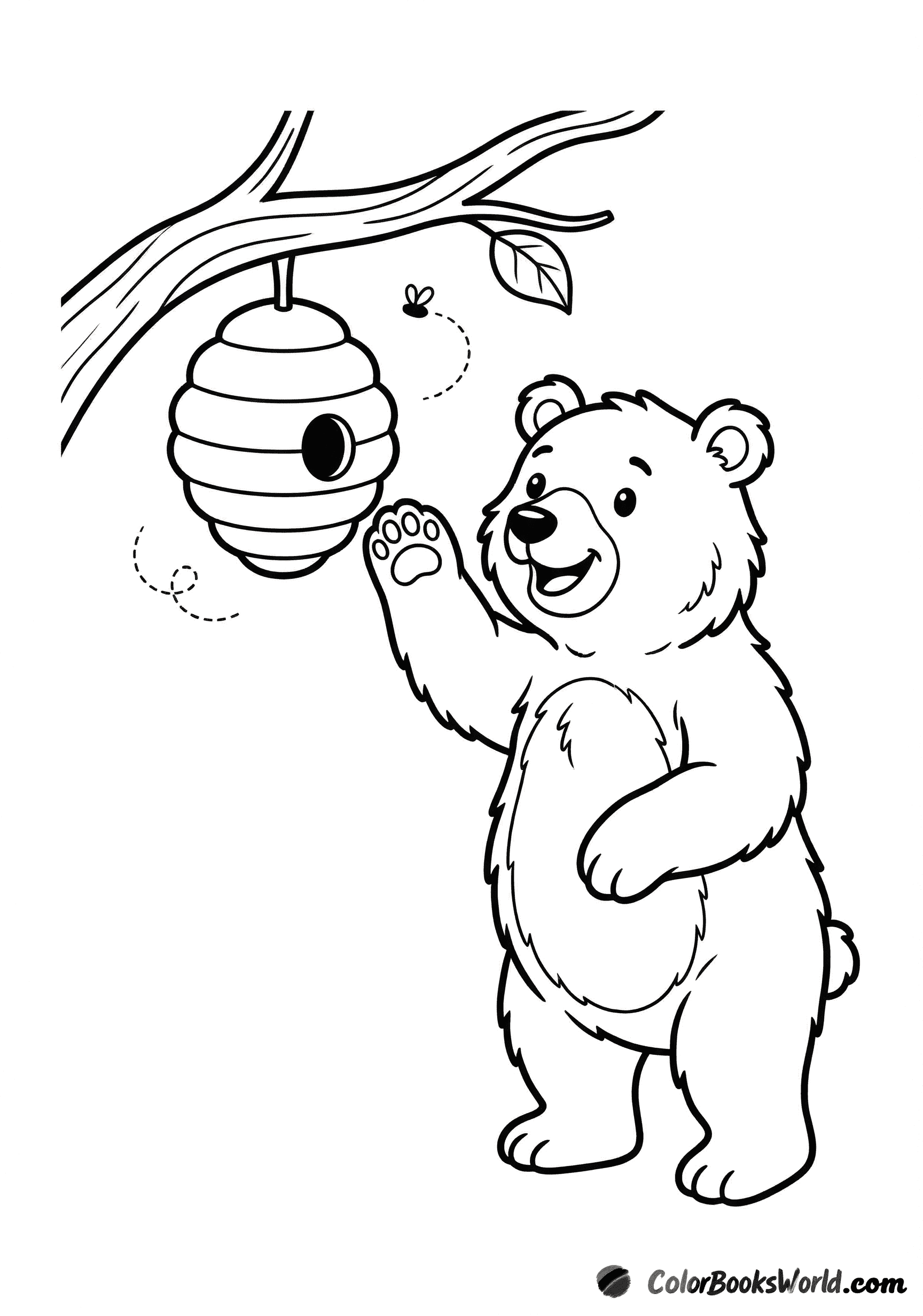 A friendly cartoon bear stands on its hind legs, reaching for a beehive hanging from a tree branch.