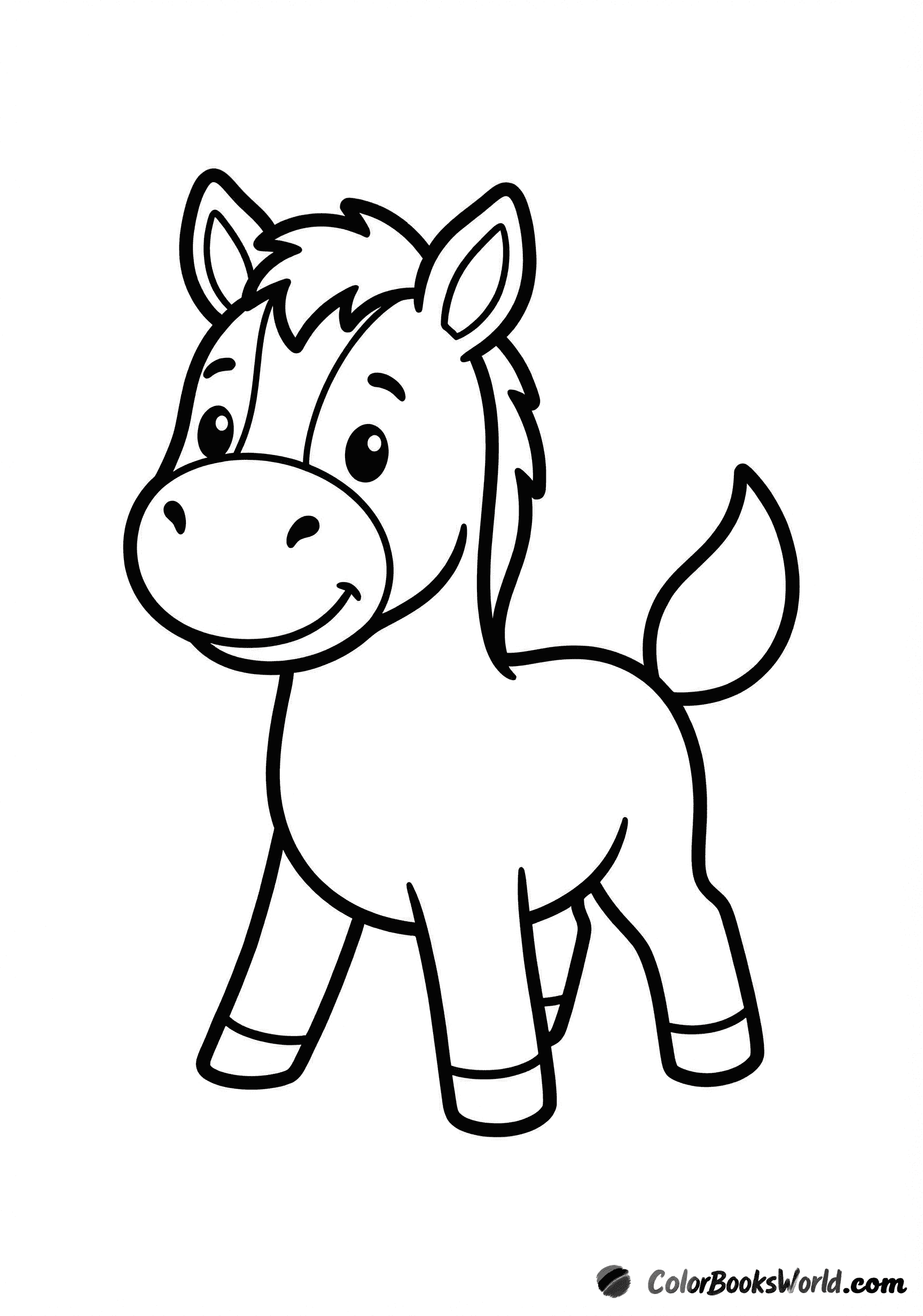 A cute foal standing front-facing with big eyes and slightly splayed legs.