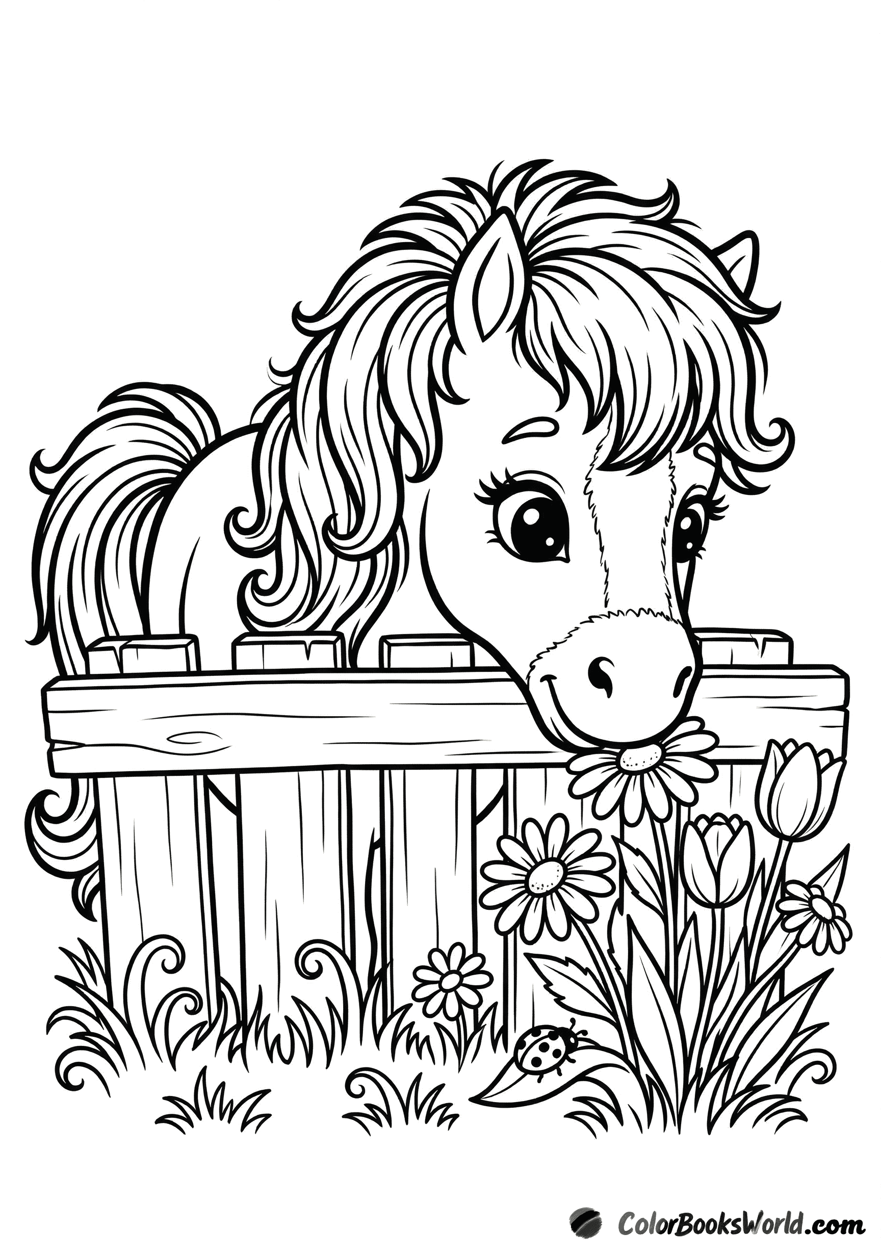 A fluffy pony peeks over a wooden fence beside daisies and tulips, with a tiny ladybug.
