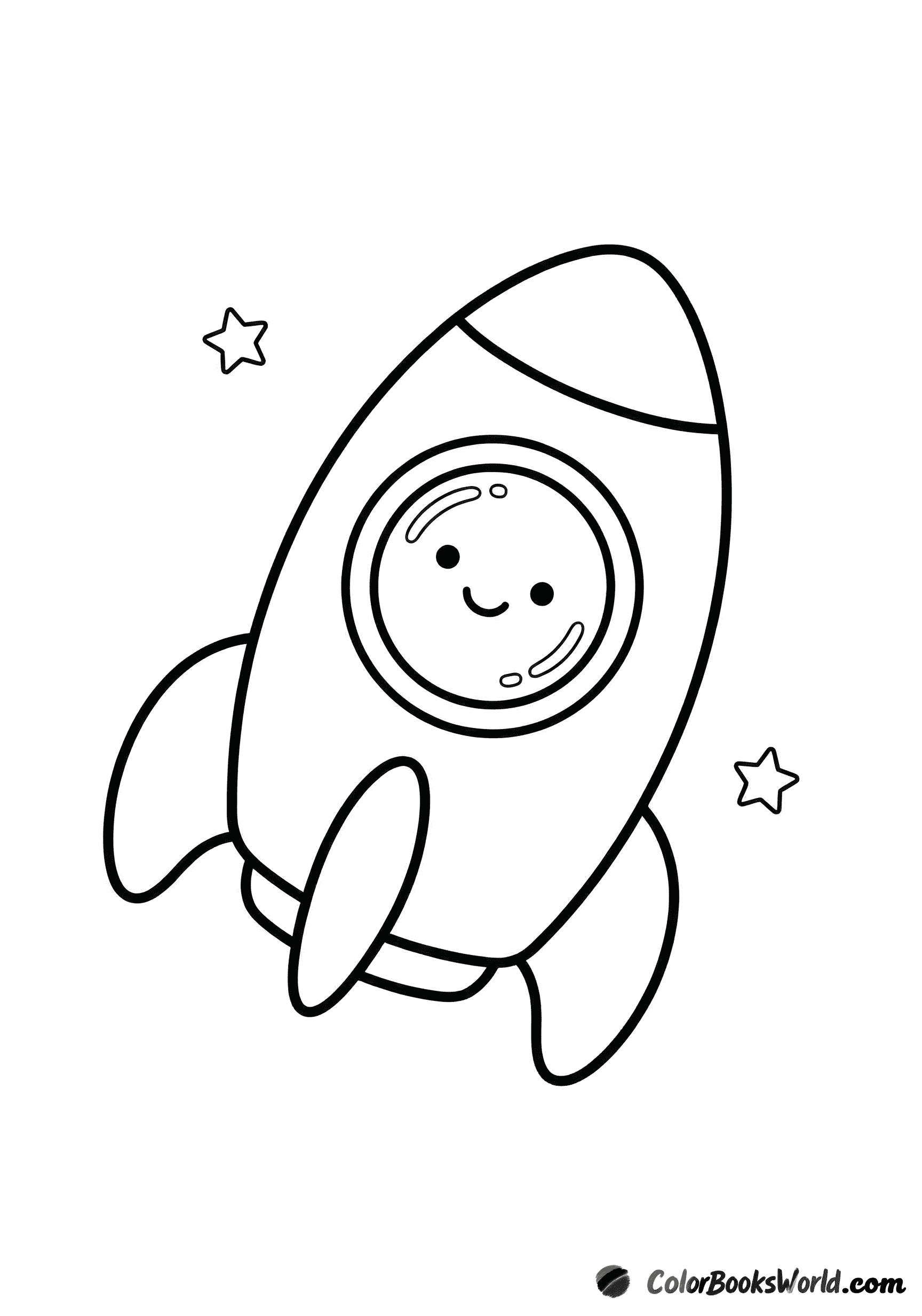 A small, round cartoon rocket with a smiling face in the porthole and two tiny stars.