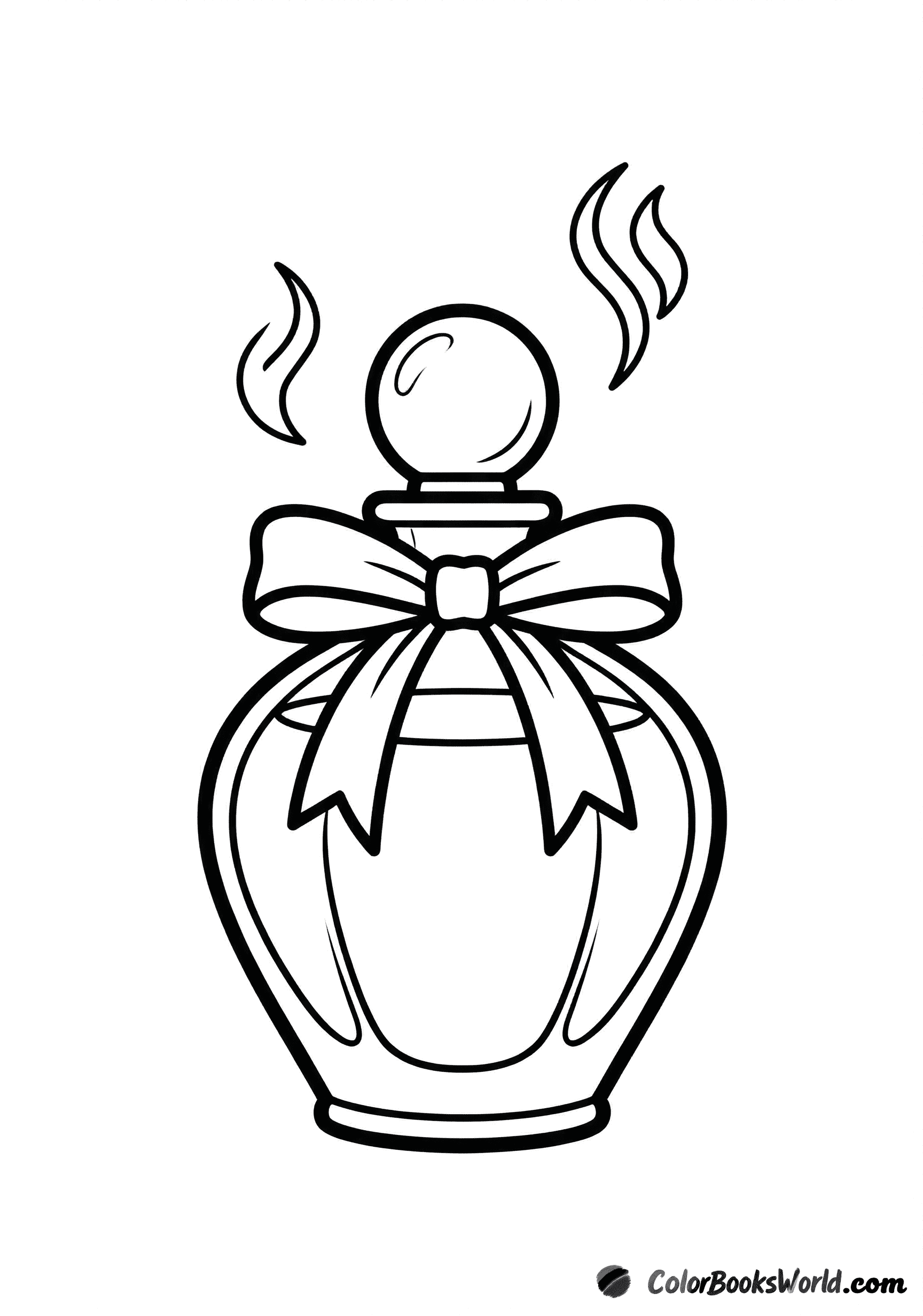 An elegant perfume bottle with a round stopper, a ribbon on the neck, and soft scent lines.