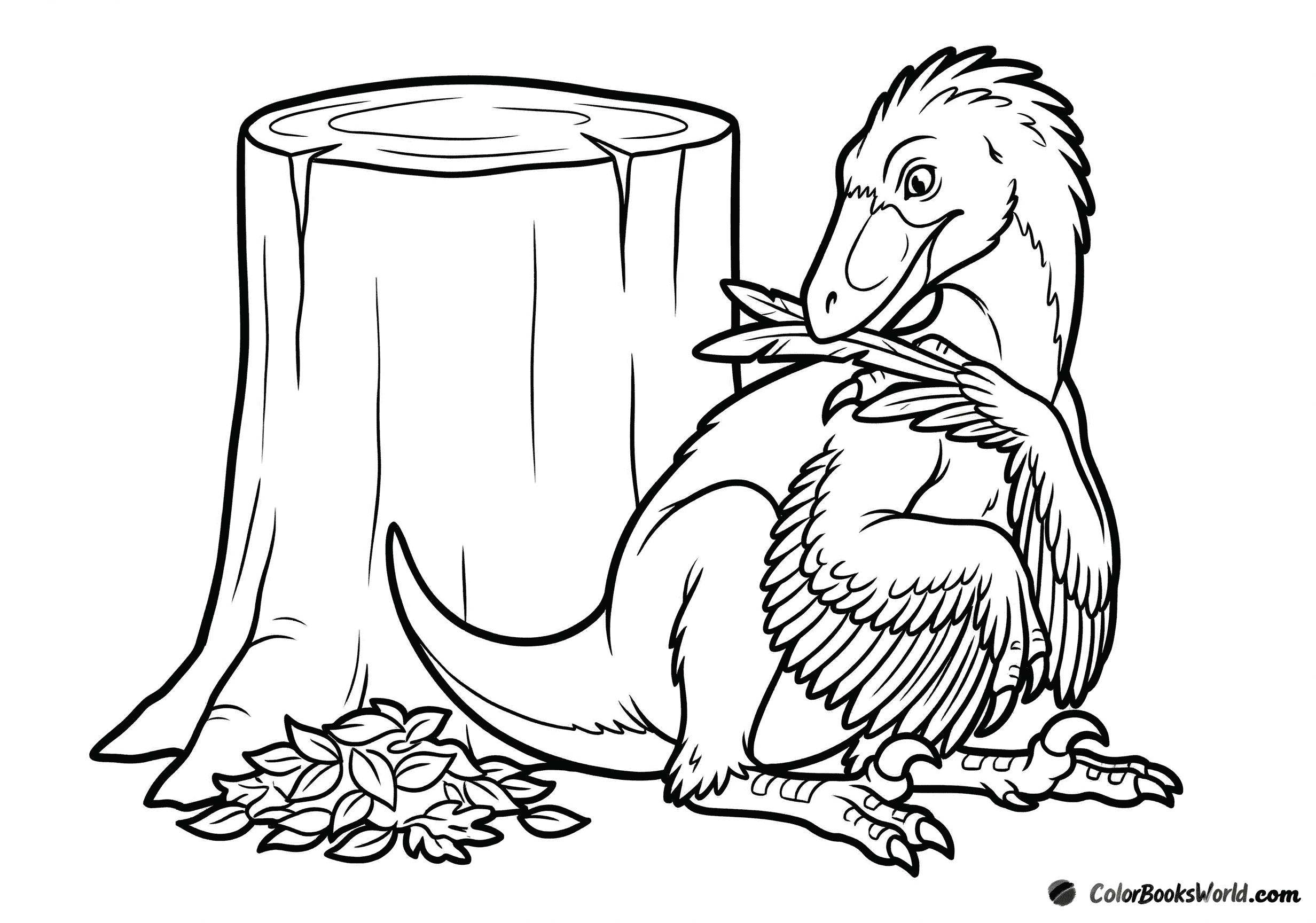 A friendly cartoon Deinonychus sits by a tree stump, preening its feathers beside a small leaf pile.