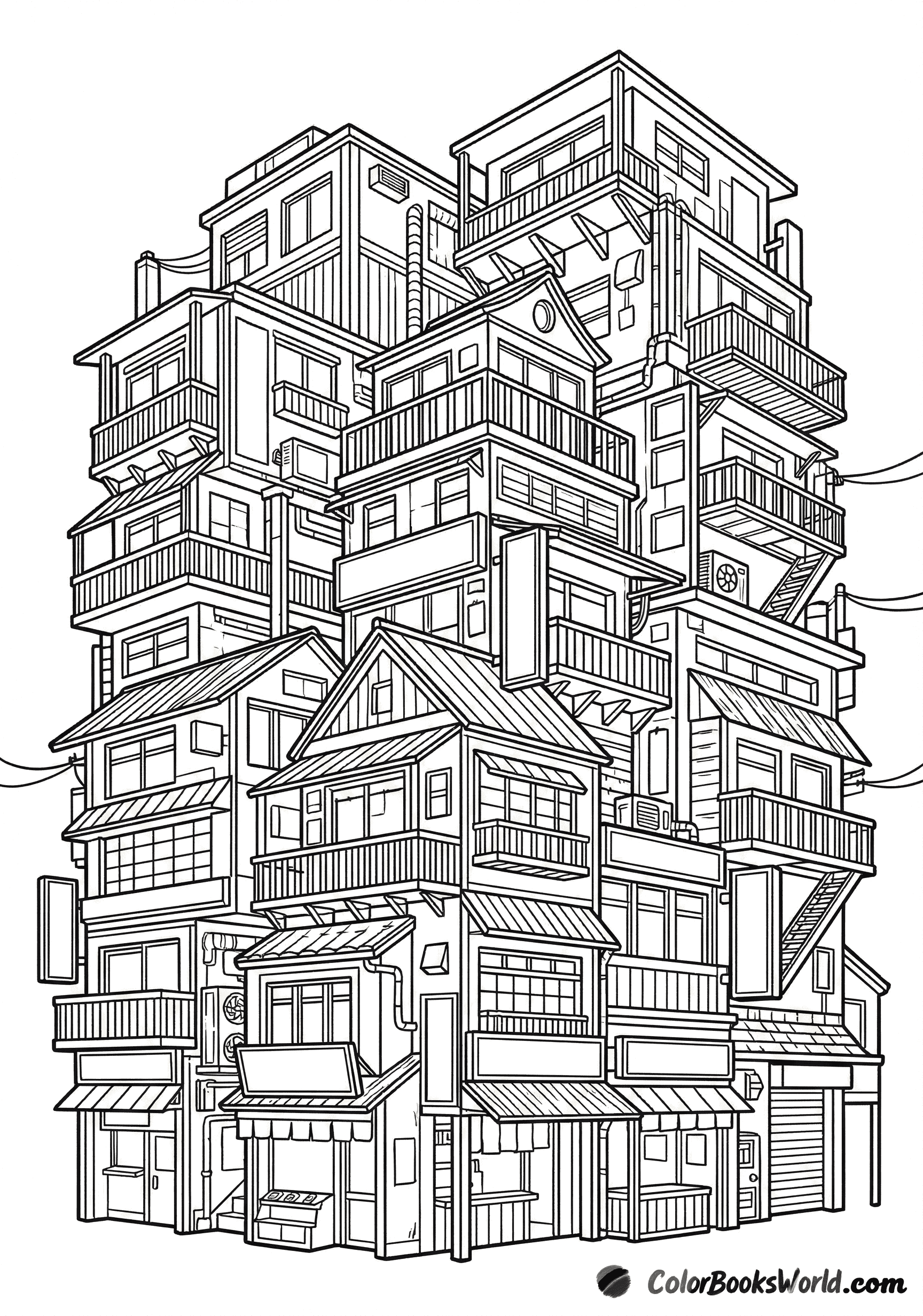 A complex line art illustration of stacked buildings and balconies in a dense Asian-inspired urban style.