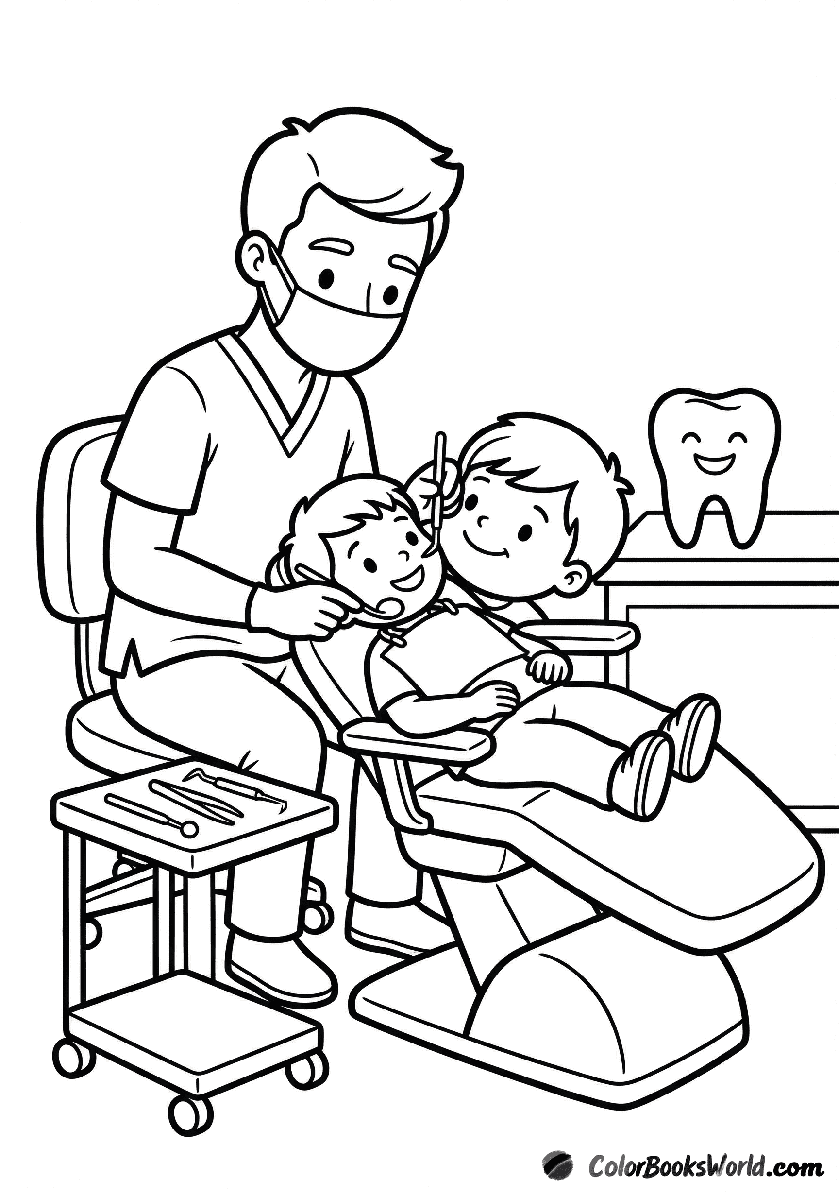 Un dentista amable con mascarilla usa un espejo para revisar los dientes de un niño sonriente en el sillón dental, mientras otro niño observa feliz y hay un modelo de diente al fondo.