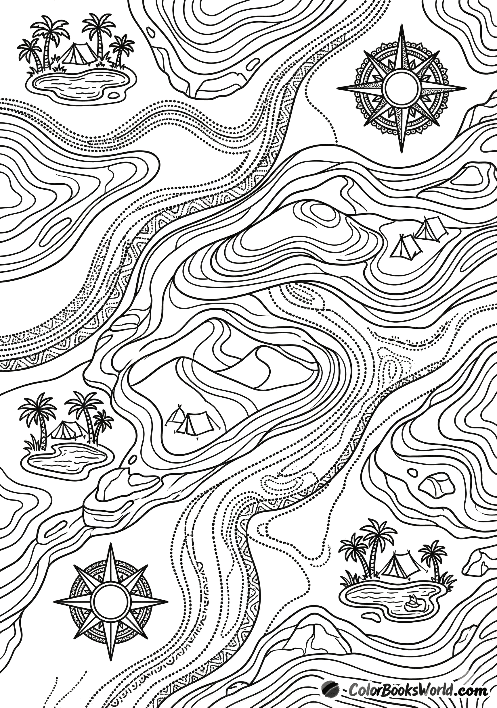 Intricate line art of a desert map featuring sandy dunes, palm tree oases, and dotted caravan routes.