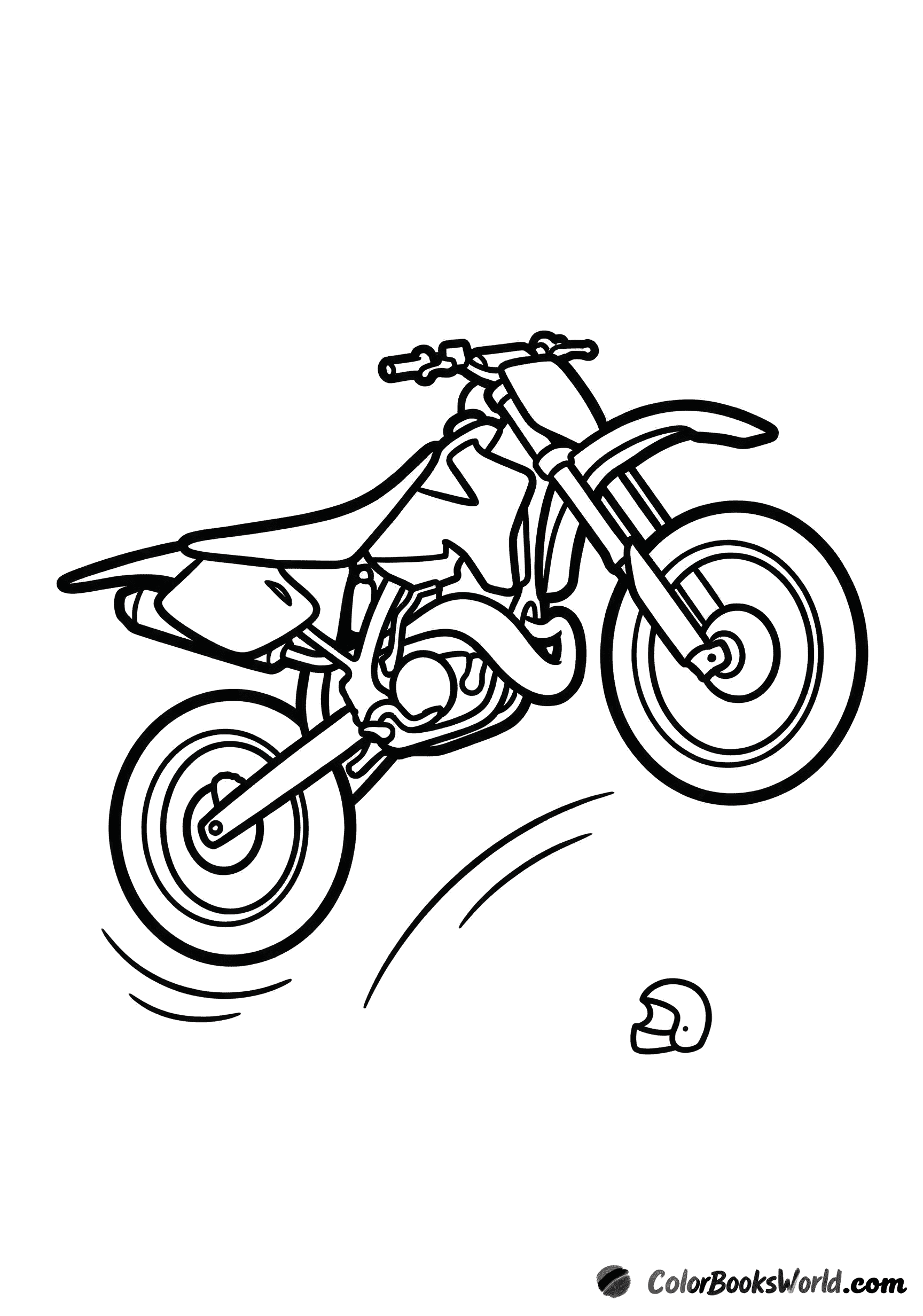 Une moto-cross de style dessin animé saute dans les airs, avec des lignes de mouvement et un casque au sol.