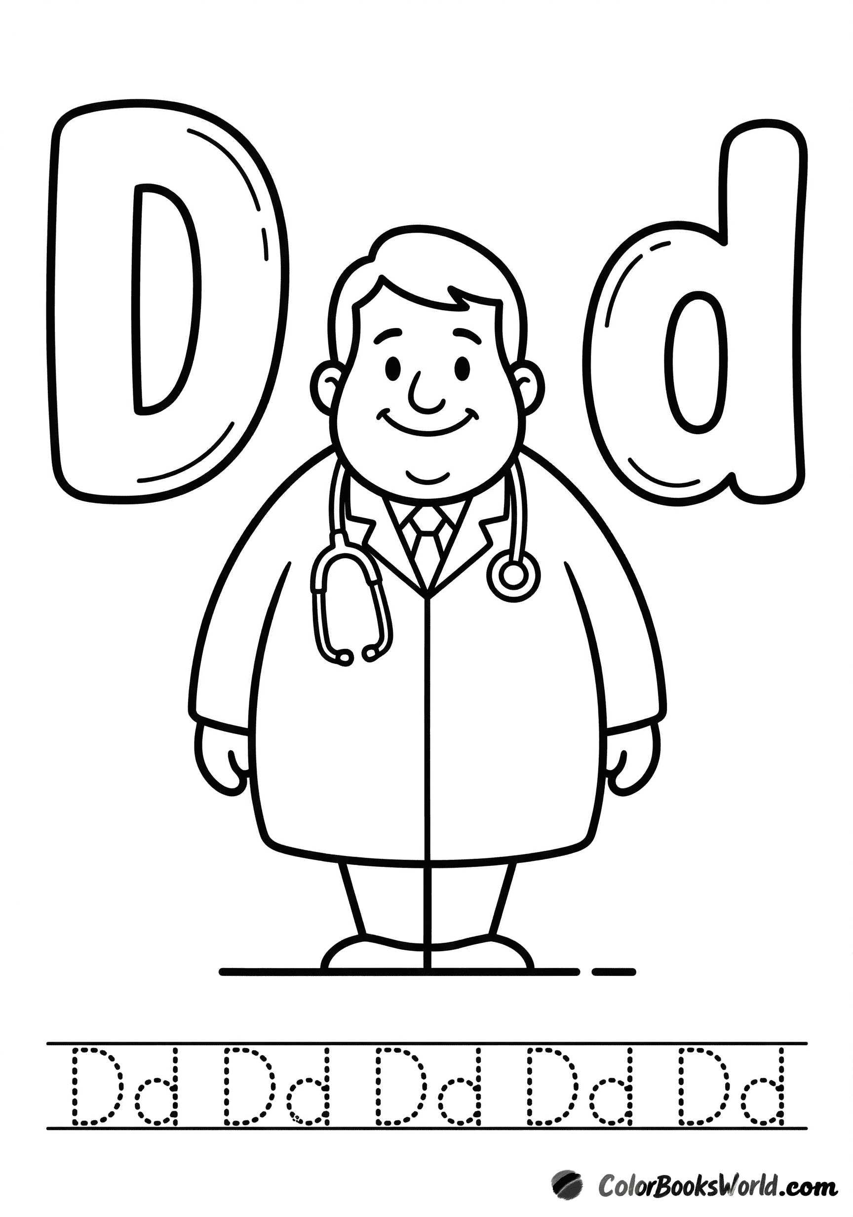 A smiling doctor with a stethoscope stands beside big bubble letters D and d, with a dotted tracing line below.