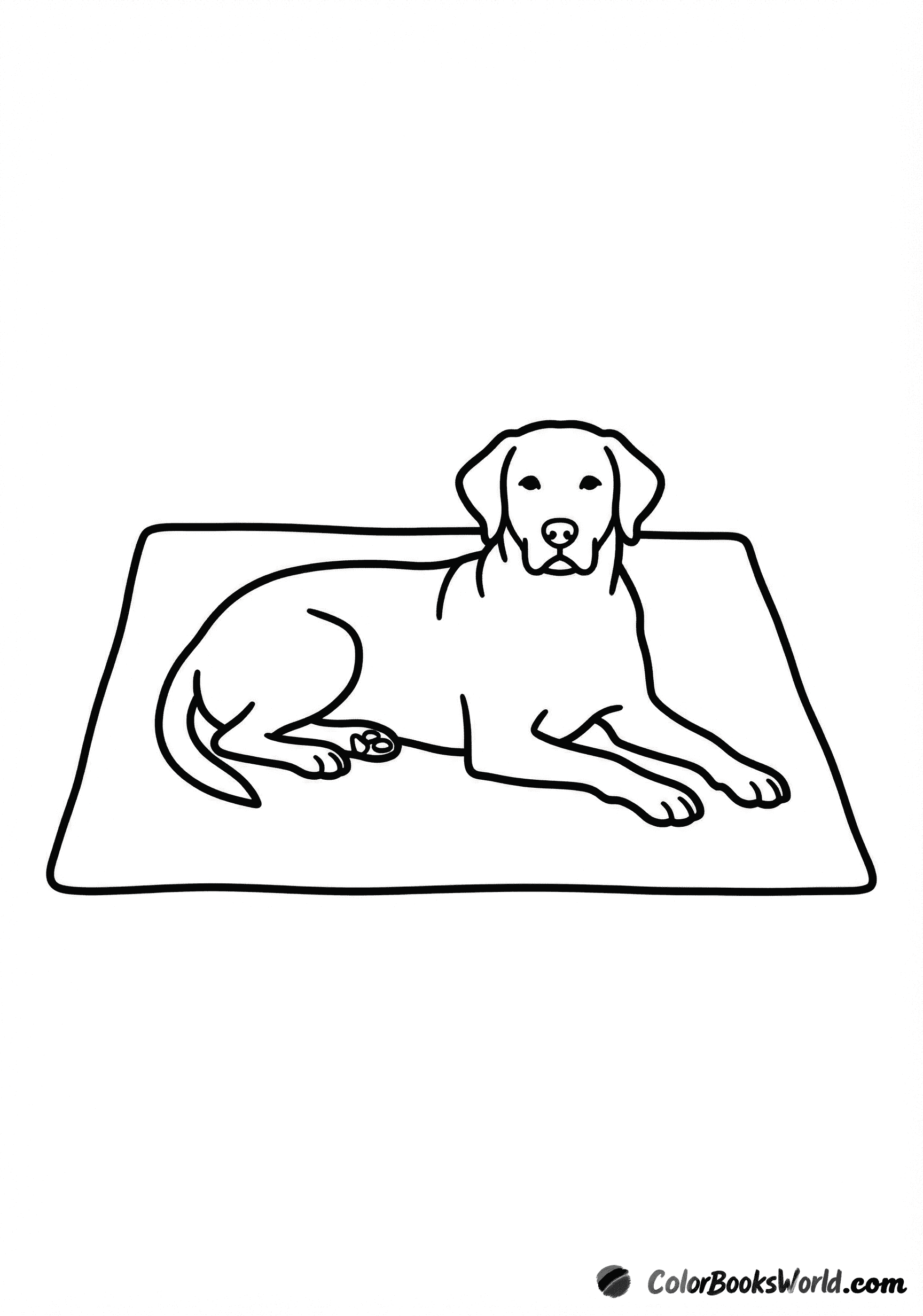 A calm dog lies peacefully on a simple rectangular mat.