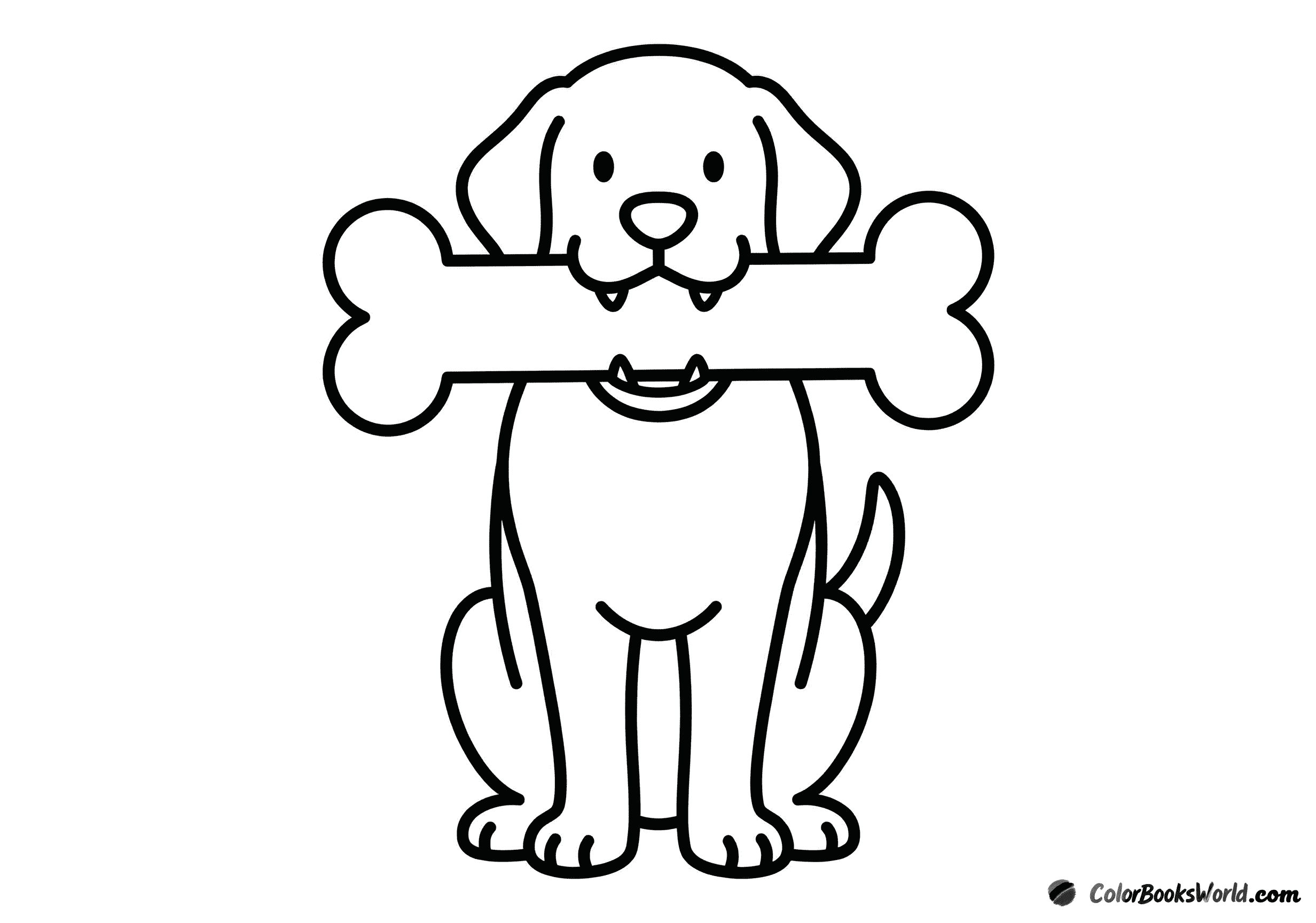 Front view of a happy dog holding a large cartoon bone in its mouth.