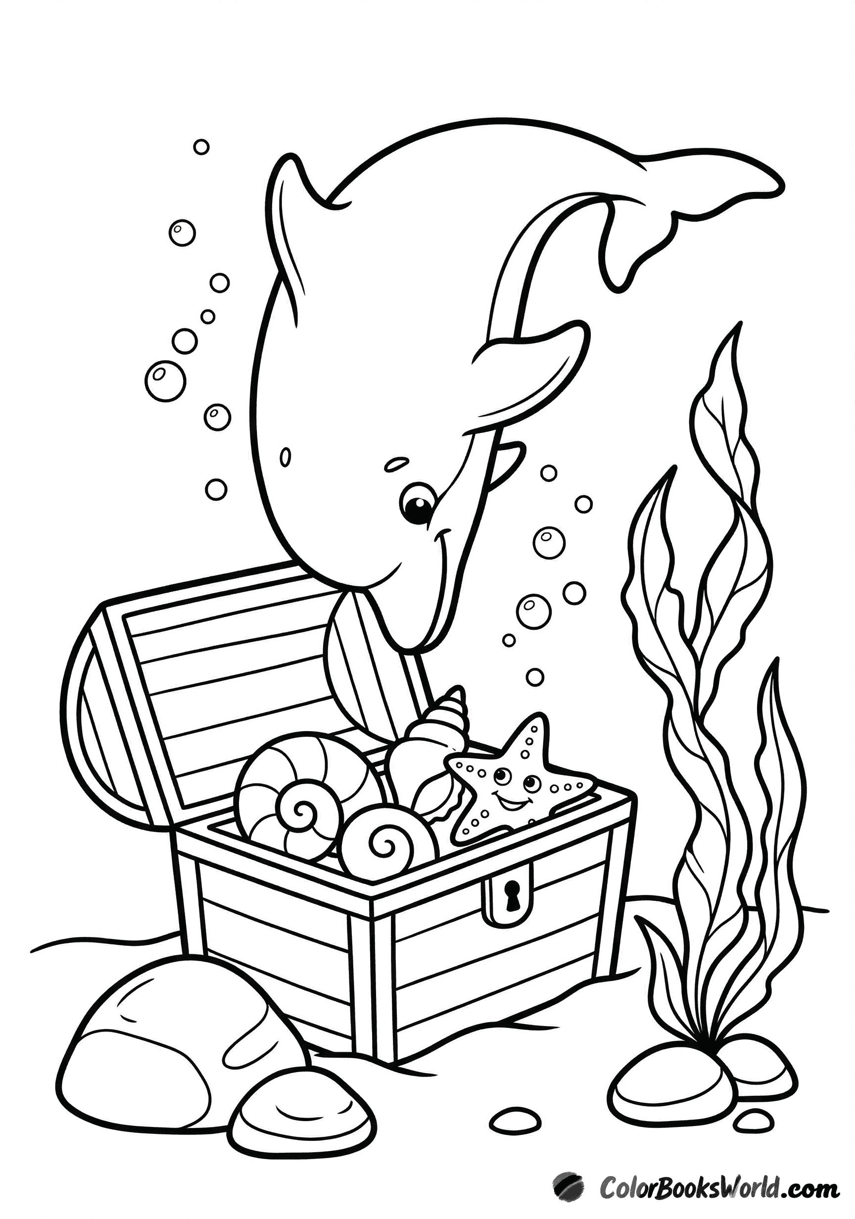 A cartoon dolphin inspects an open treasure chest with shells and a starfish on the seabed.