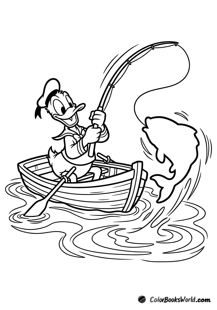 Donald Duck sits in a rowboat, reeling in a large fish with his fishing rod.