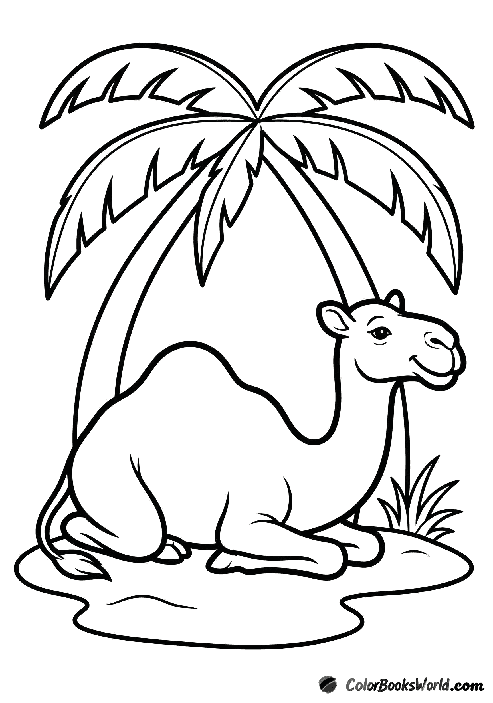 A smiling dromedary camel lies in the shade beneath a tall palm tree, with a small tuft of grass nearby.