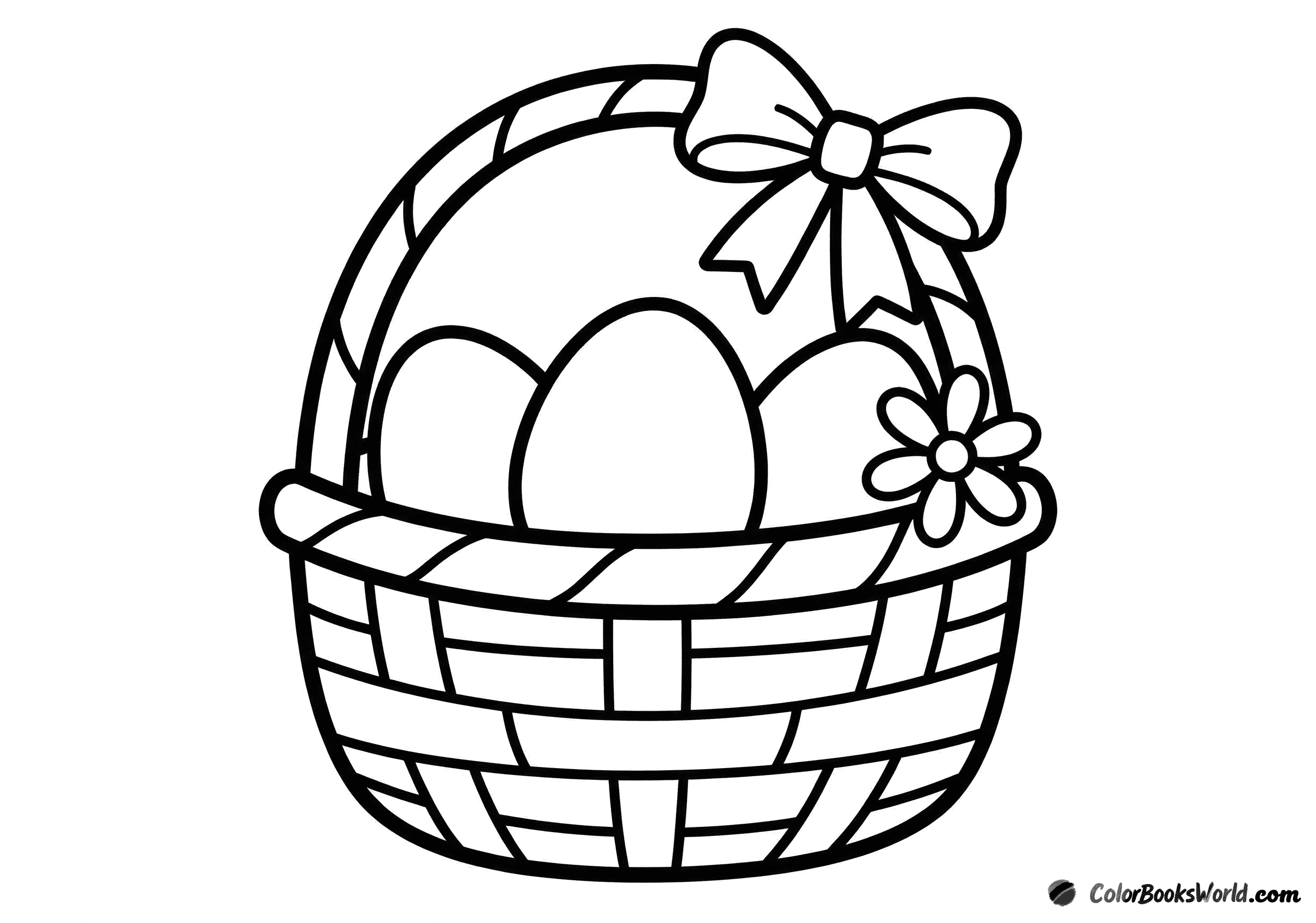 A woven Easter basket holding three large eggs, with a ribbon on the handle and a small flower on the rim.