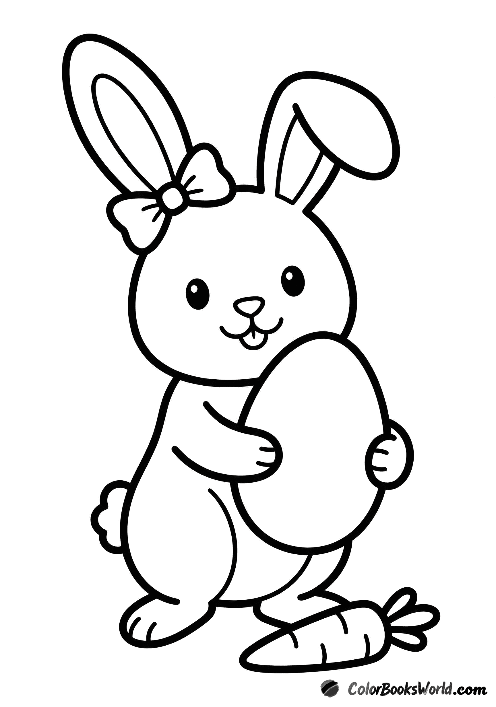 A cute Easter bunny holding a large decorated egg, with a small carrot by its feet.