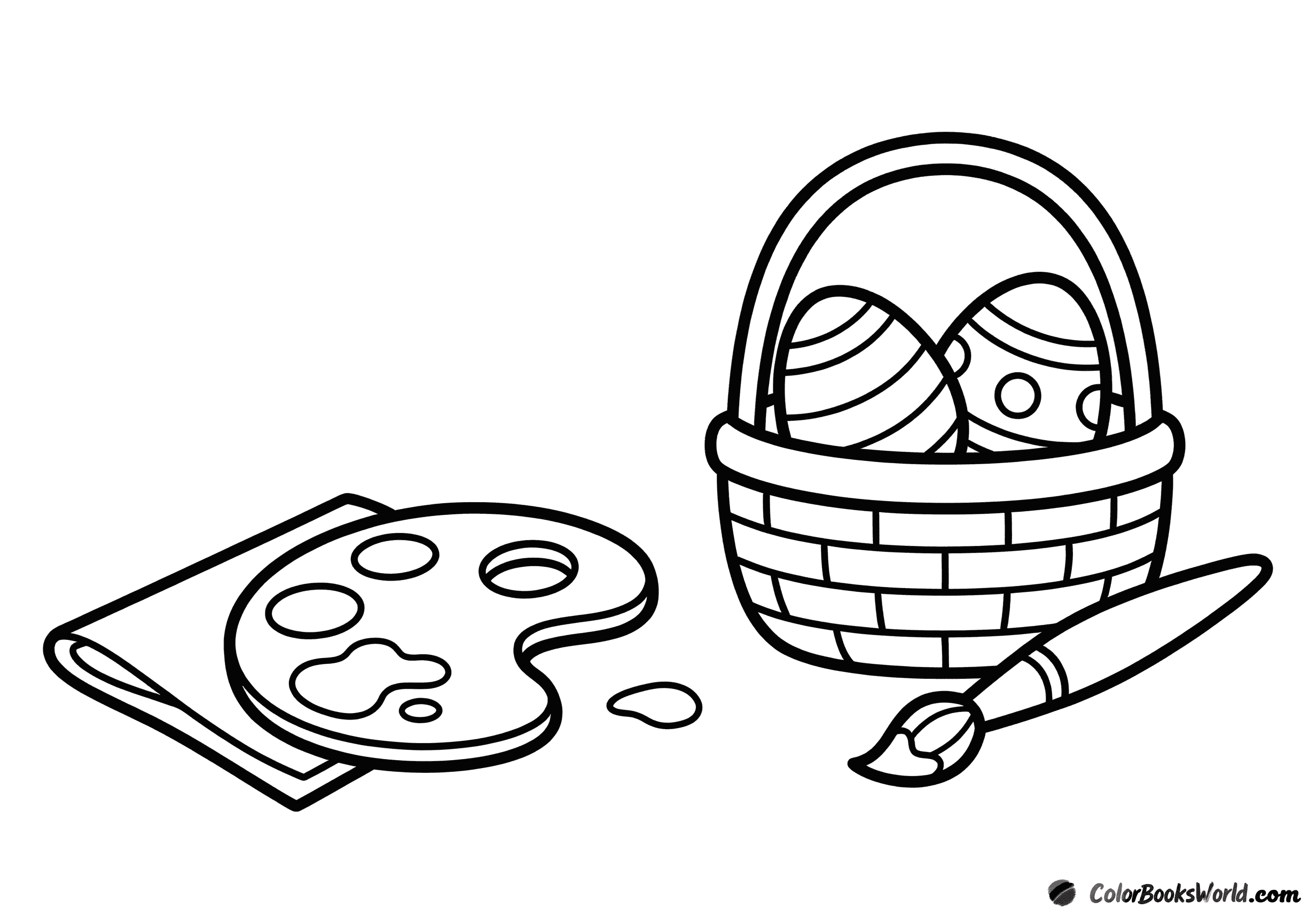 A basket with two Easter eggs beside a paint palette, paintbrush, folded paper towel, and a paint drop.