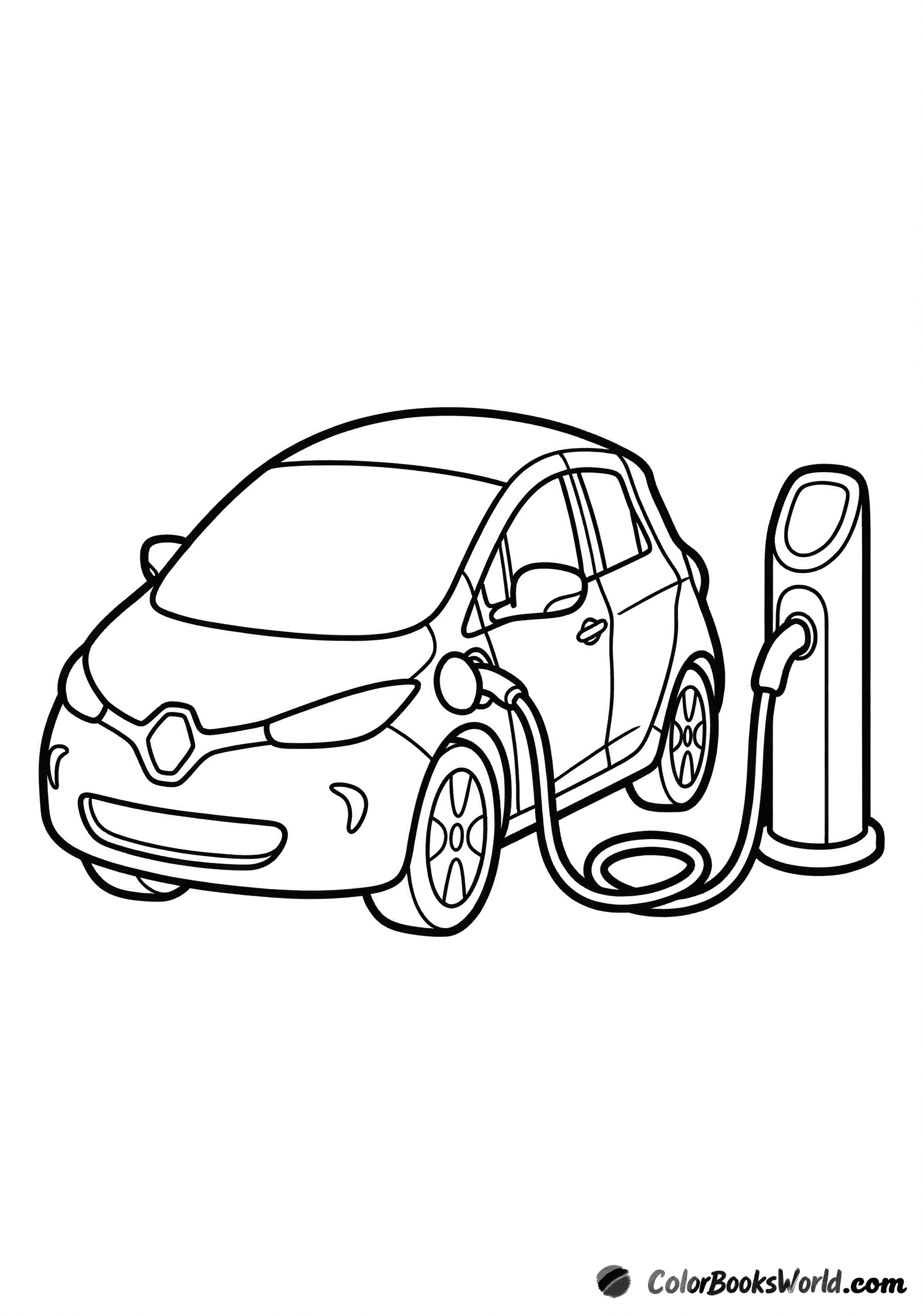 A cartoon electric car plugged into a charging bollard with a coiled cable.