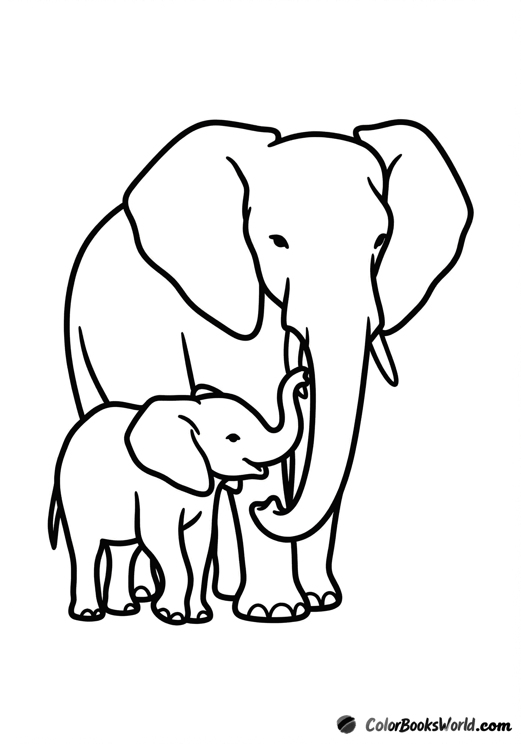 A mother elephant and her calf stand side by side, gently touching trunks.