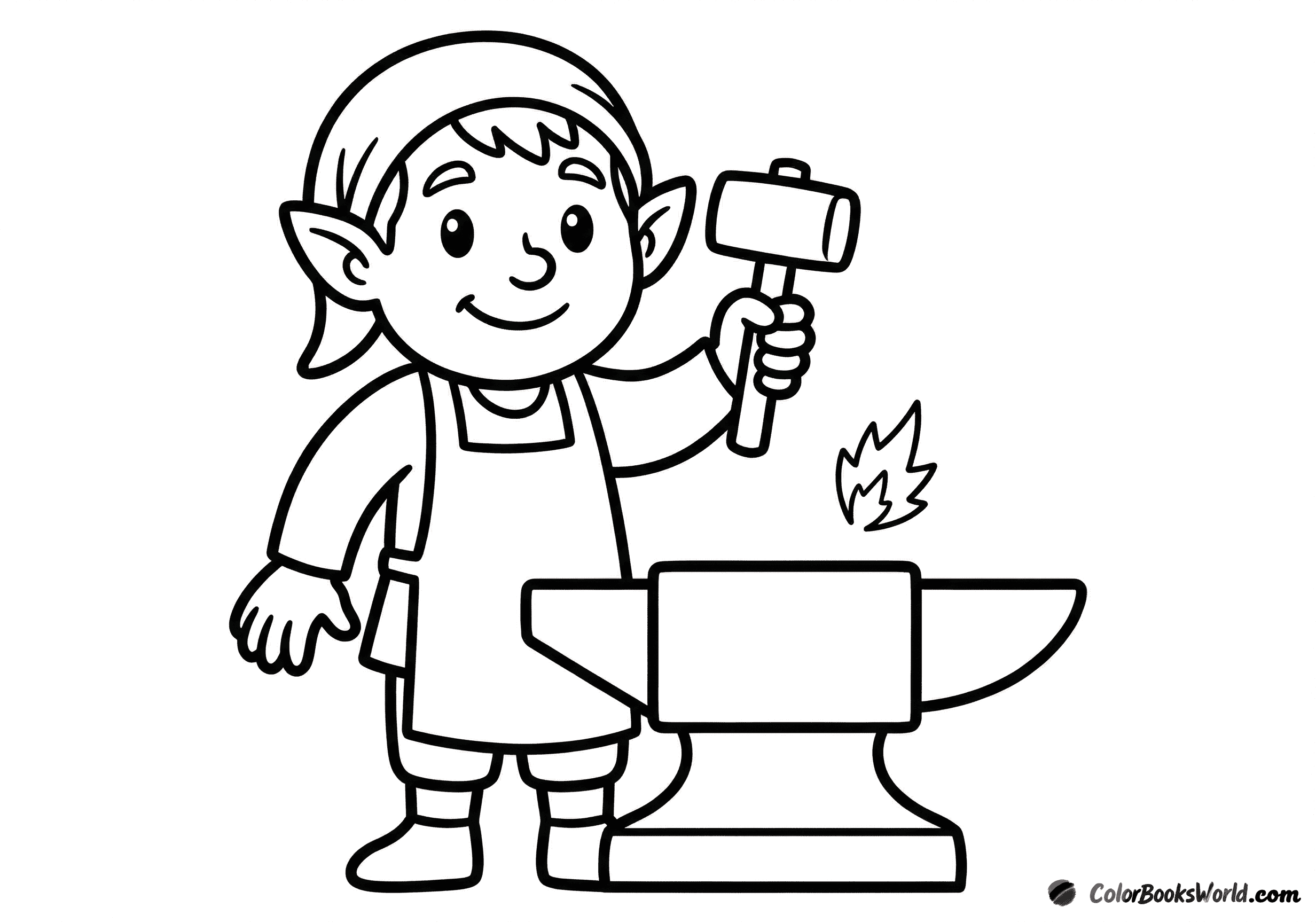 A cute cartoon elf blacksmith holds a hammer while standing beside a simple anvil.